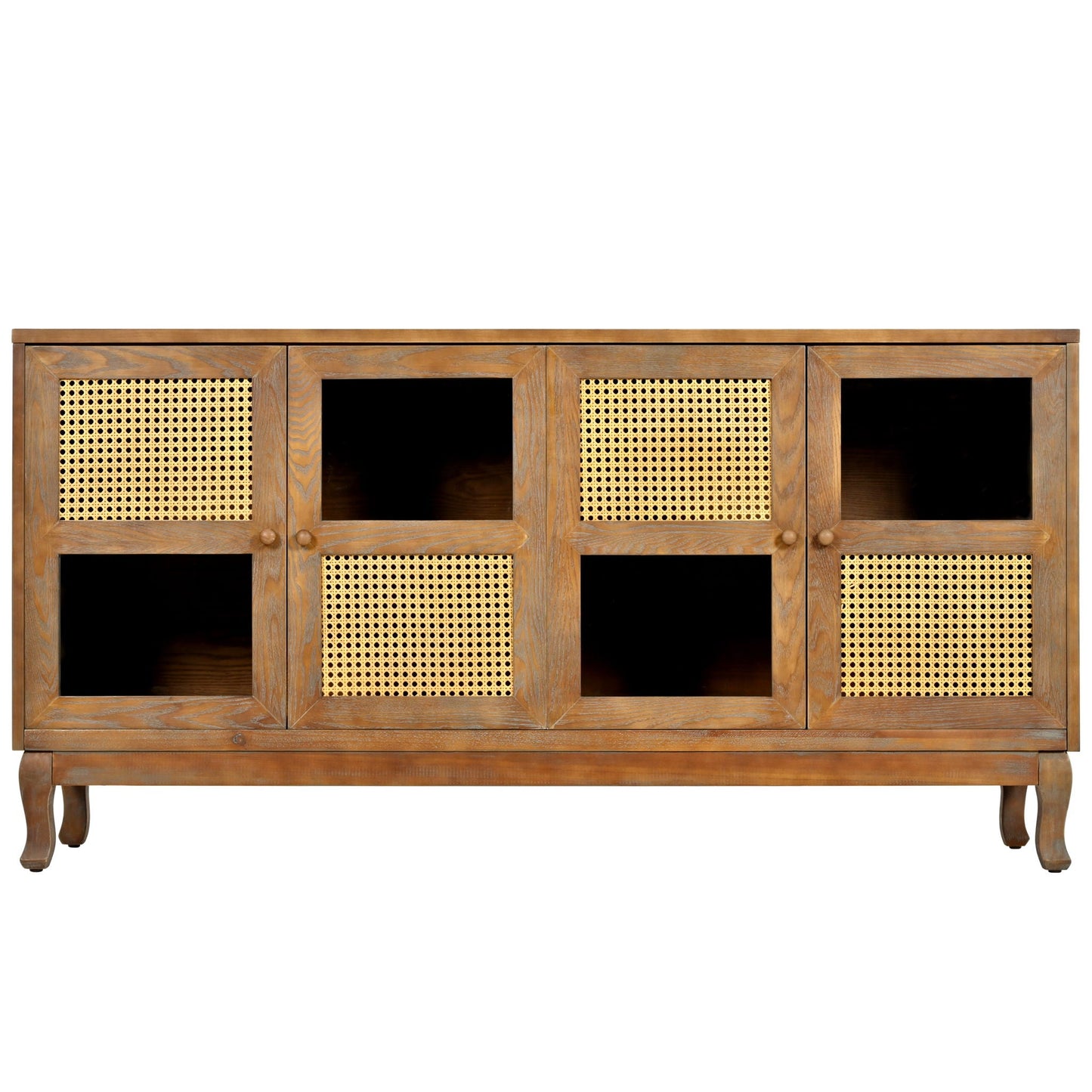 Retro Industrial 4 Door Sideboard With Large Storage, Rattan And Glass Doors Home Essentials