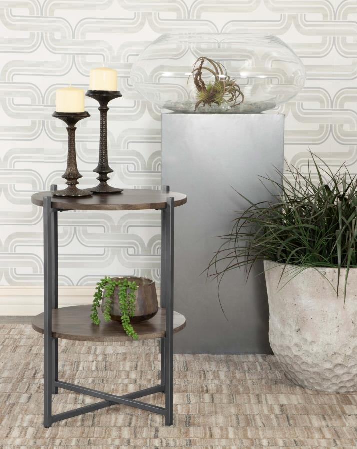 Axel - Round Accent Table With Open Shelf - Natural And Gunmetal CoasterEssence