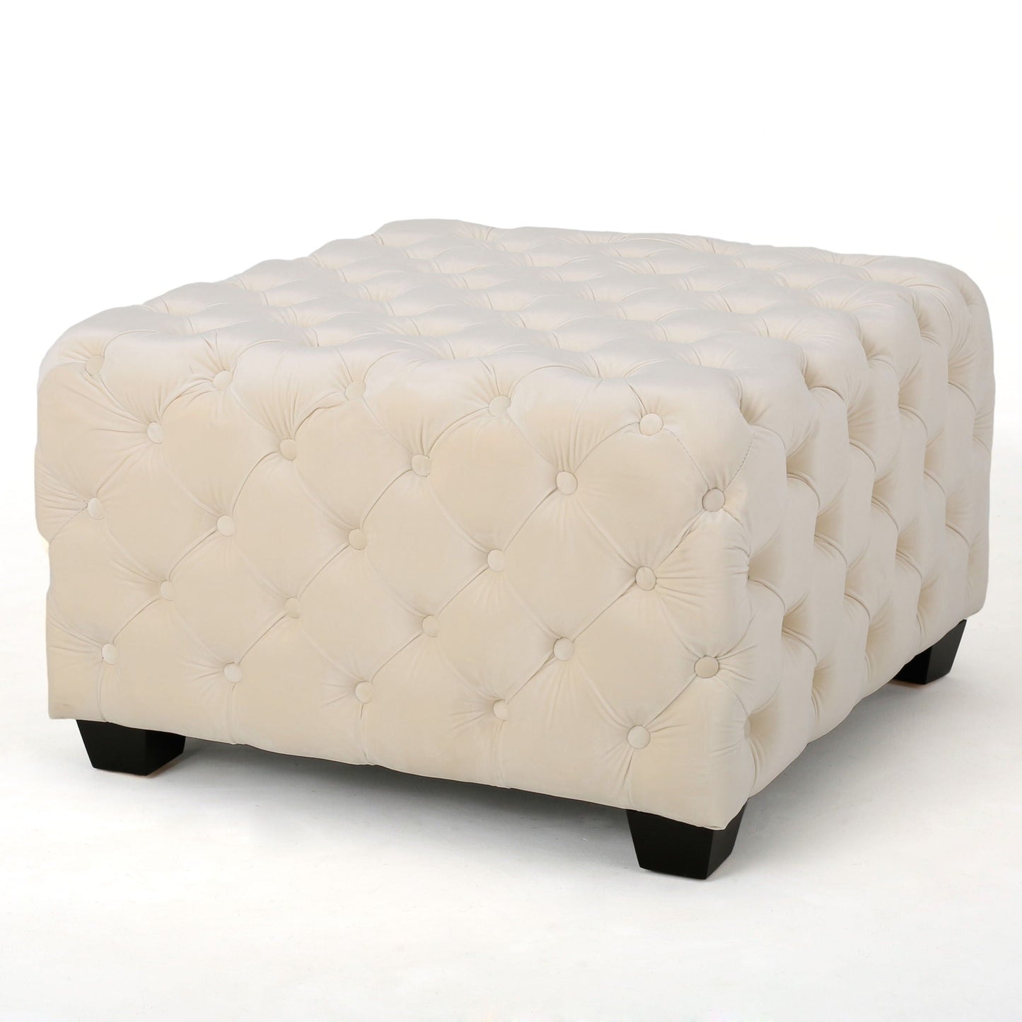 Modern Glam Ottoman With Velvet Upholstery And Button Tufted Design - Ivory Noble House
