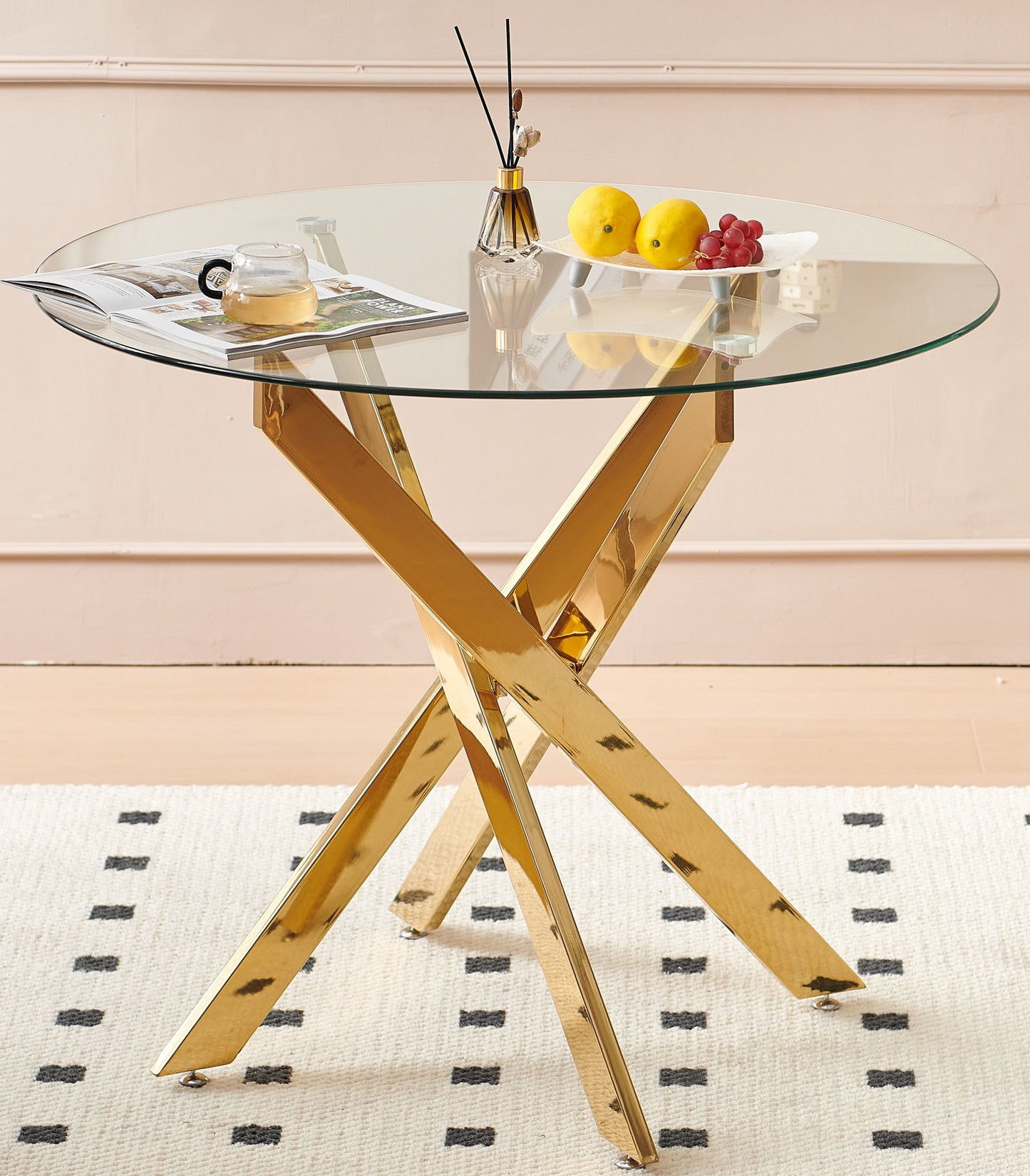 Dining Table With Cross Metal Leg And Tempered Glass, Modern Space Saving Kitchen Table For Living Room Home Essentials