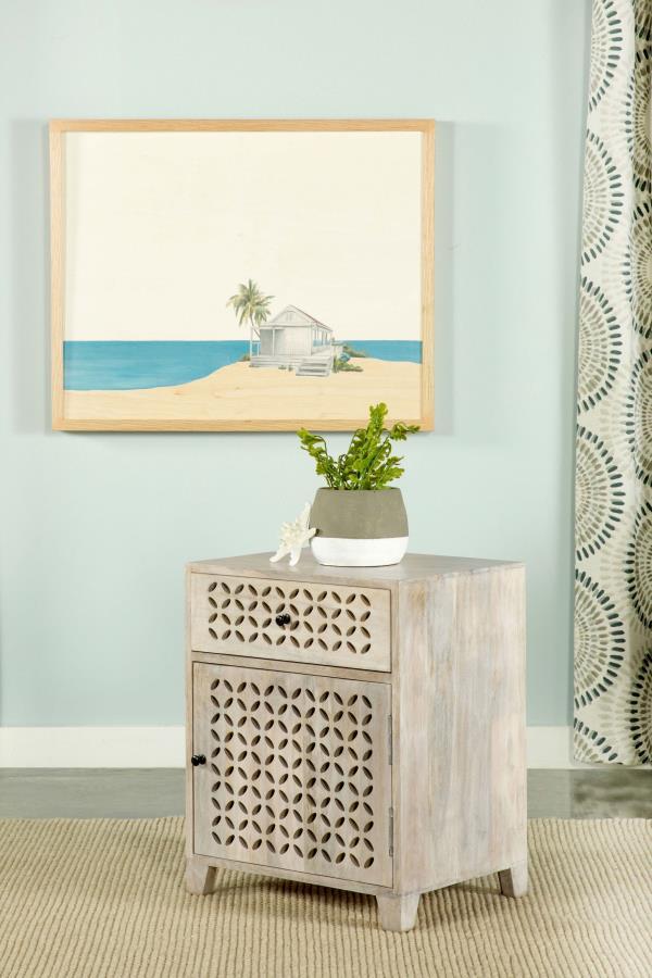 August - 1-Drawer Trellis Pattern Storage Cabinet - White Washed CoasterEssence