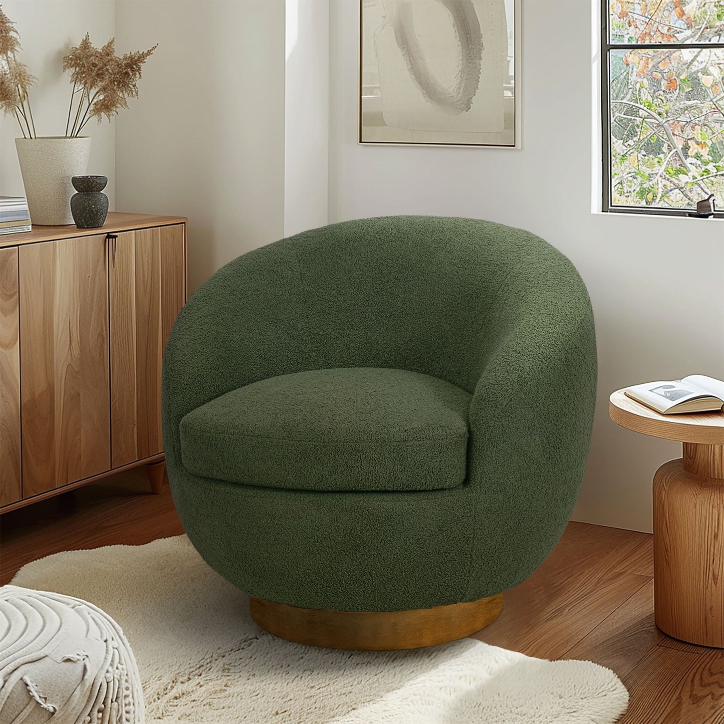 Jessel - Shearling Sherpa Swivel Chair With Base - Green INK+IVY