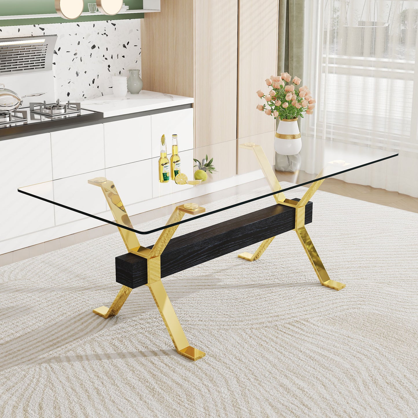 Modern Tempered Glass Dining Table With Metal Legs And Crossbars - Transparent Home Essentials