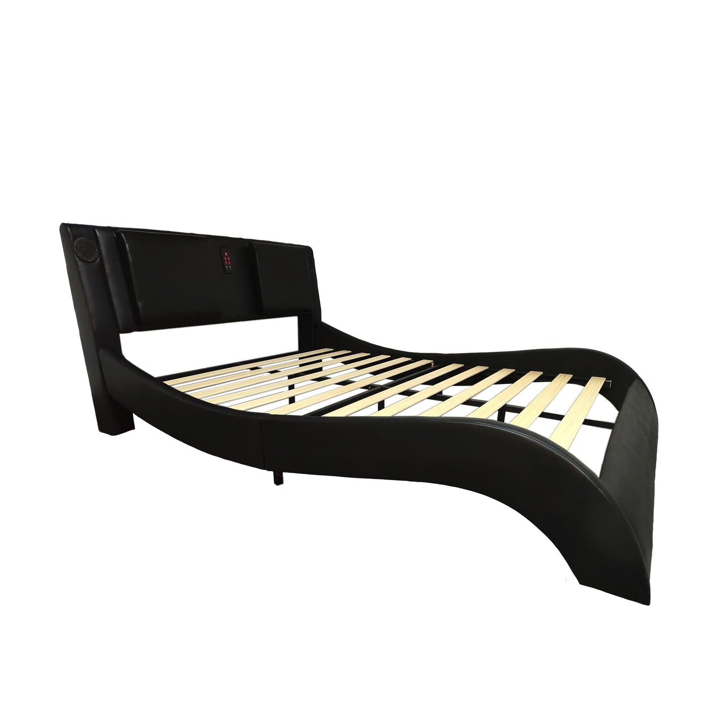 Upholstered Platform Bed Frame With LED Lighting, Bluetooth Connection To Play Music Control, Backrest Vibration Massage, Curve Design, Wood Slat Support, Exhibited Speakers Home Essentials