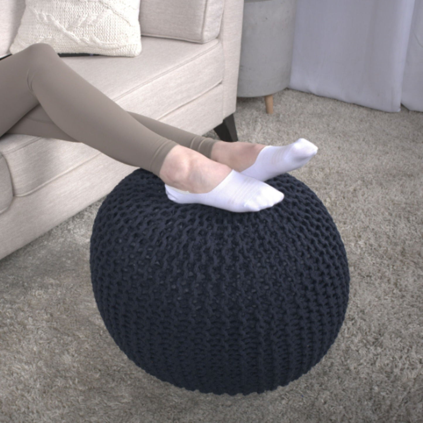 Bordeaux - Knitted Cotton Round Pouf Ottoman, Floor Cushion Home Essentials