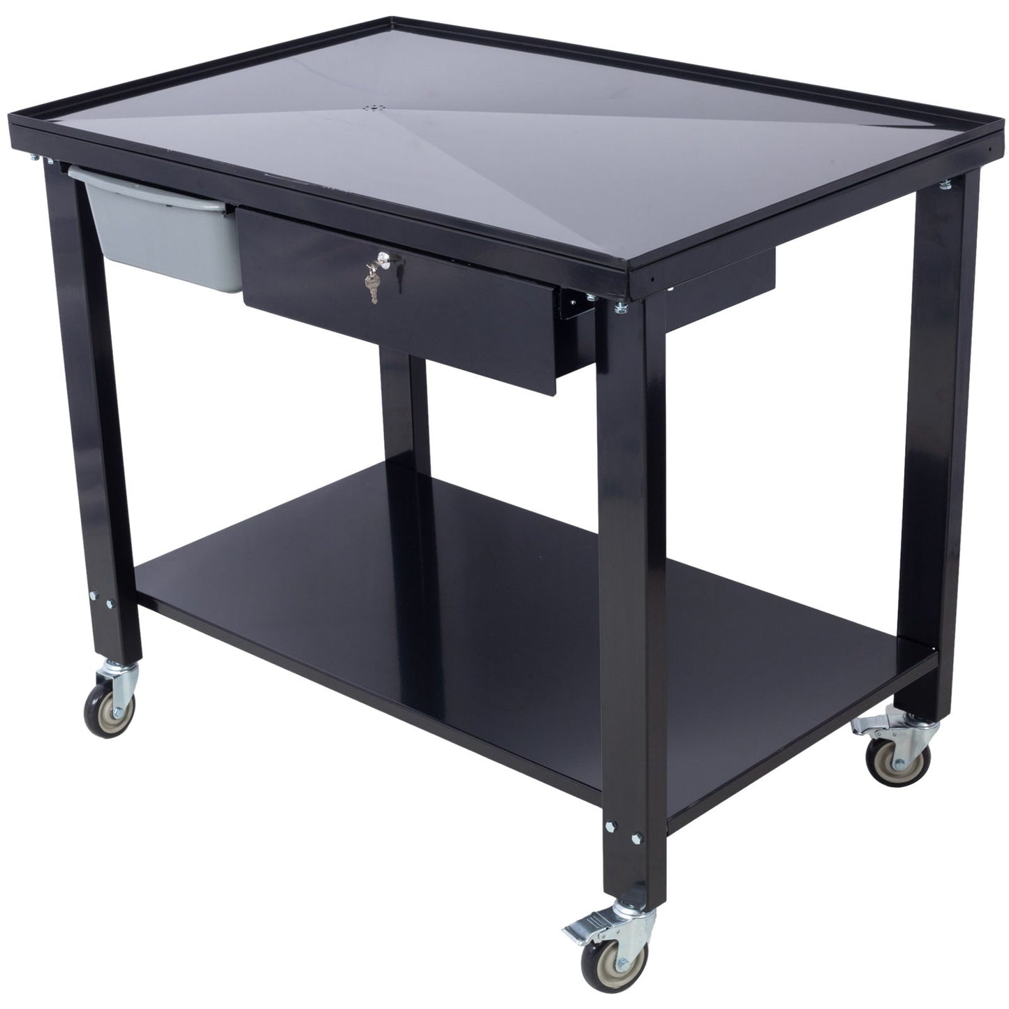 Transmission Teardown Work Station 1 / 2 Ton Capacity Sloping Drain Table Locking Drawer Removable Drain Basin Full-Width Lower Shelf Four 4" Caster Wheels Daily Nest