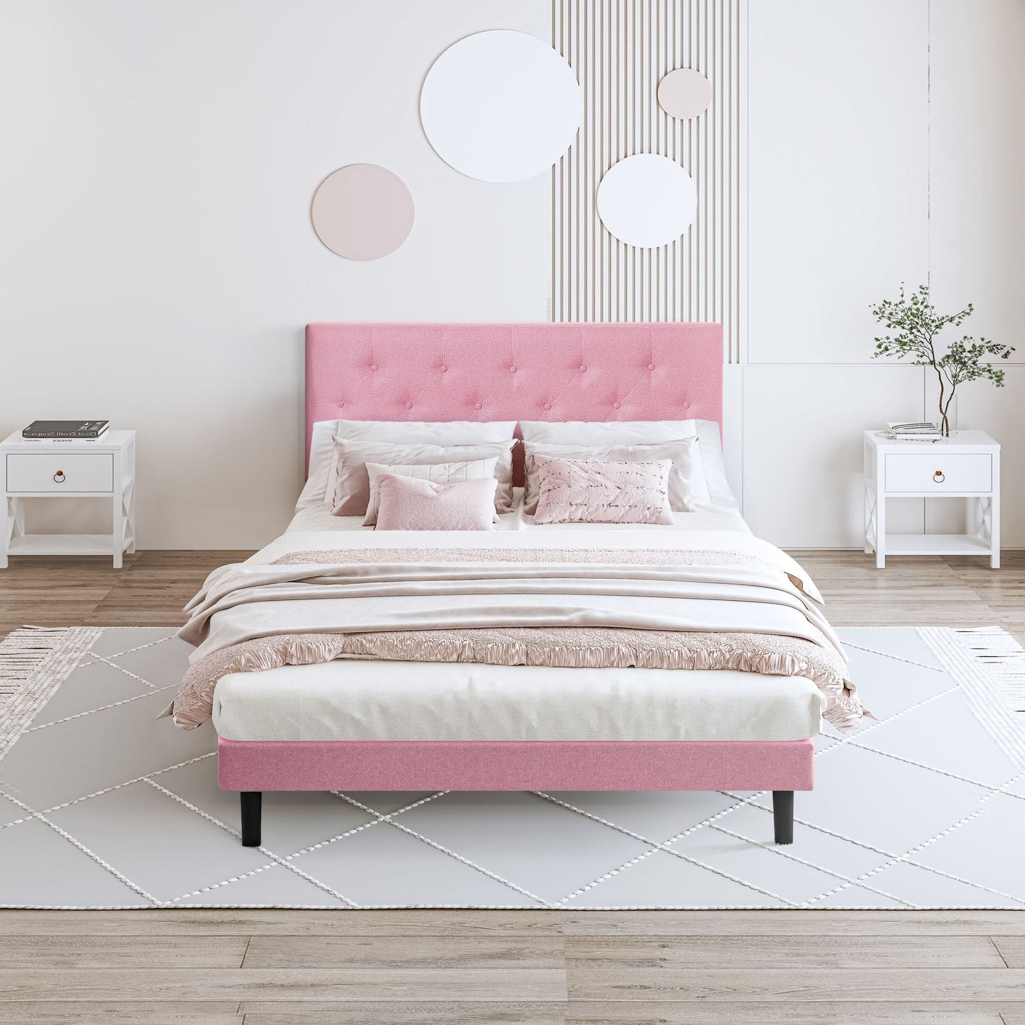 Modern Upholstered Platform Bed Frame With Button Tufted Linen Fabric Headboard Home Essentials