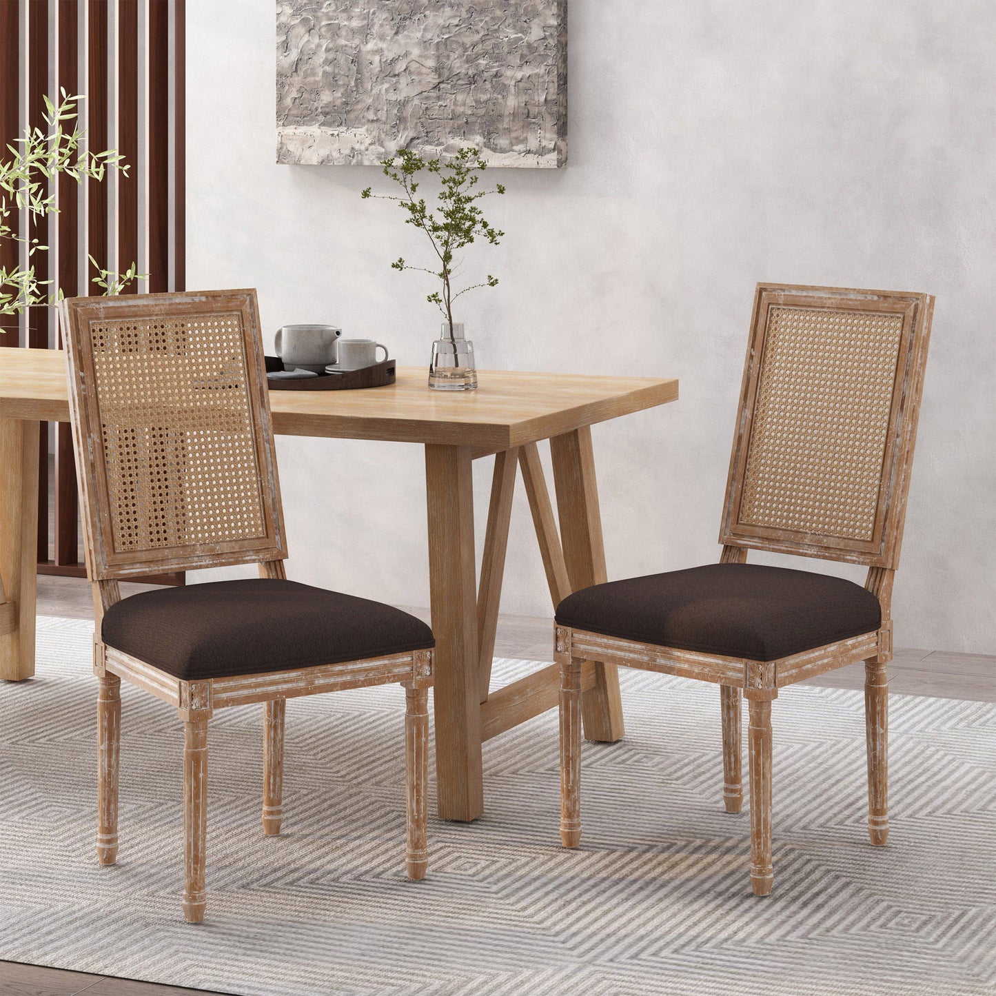 French Country Dining Chair With Rectangular Cane Backrest And Smooth Upholstered Seating Noble House