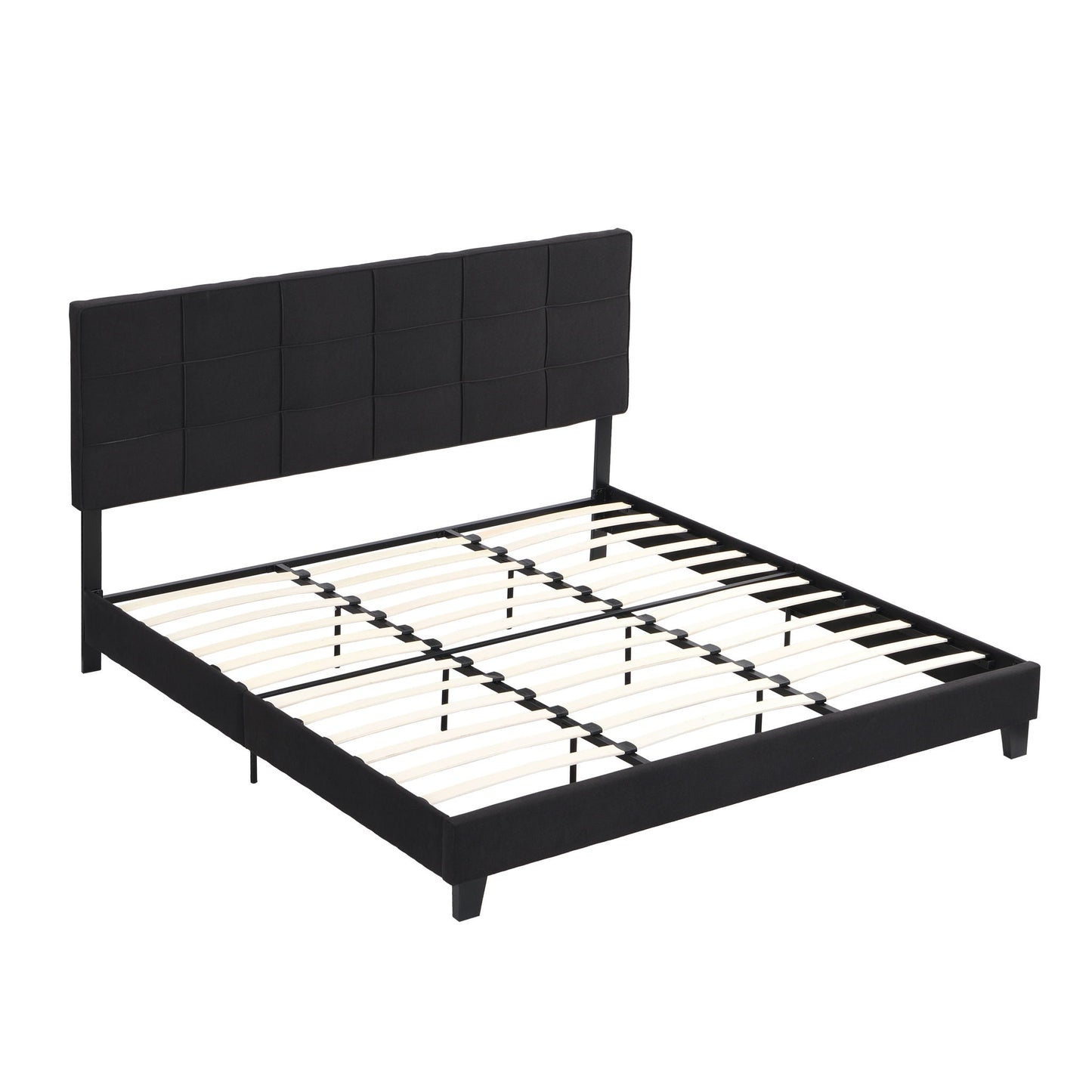 King Size Upholstered Platform Bed Frame With Linen Fabric Headboard, Wood Slat Support - Black Home Essentials