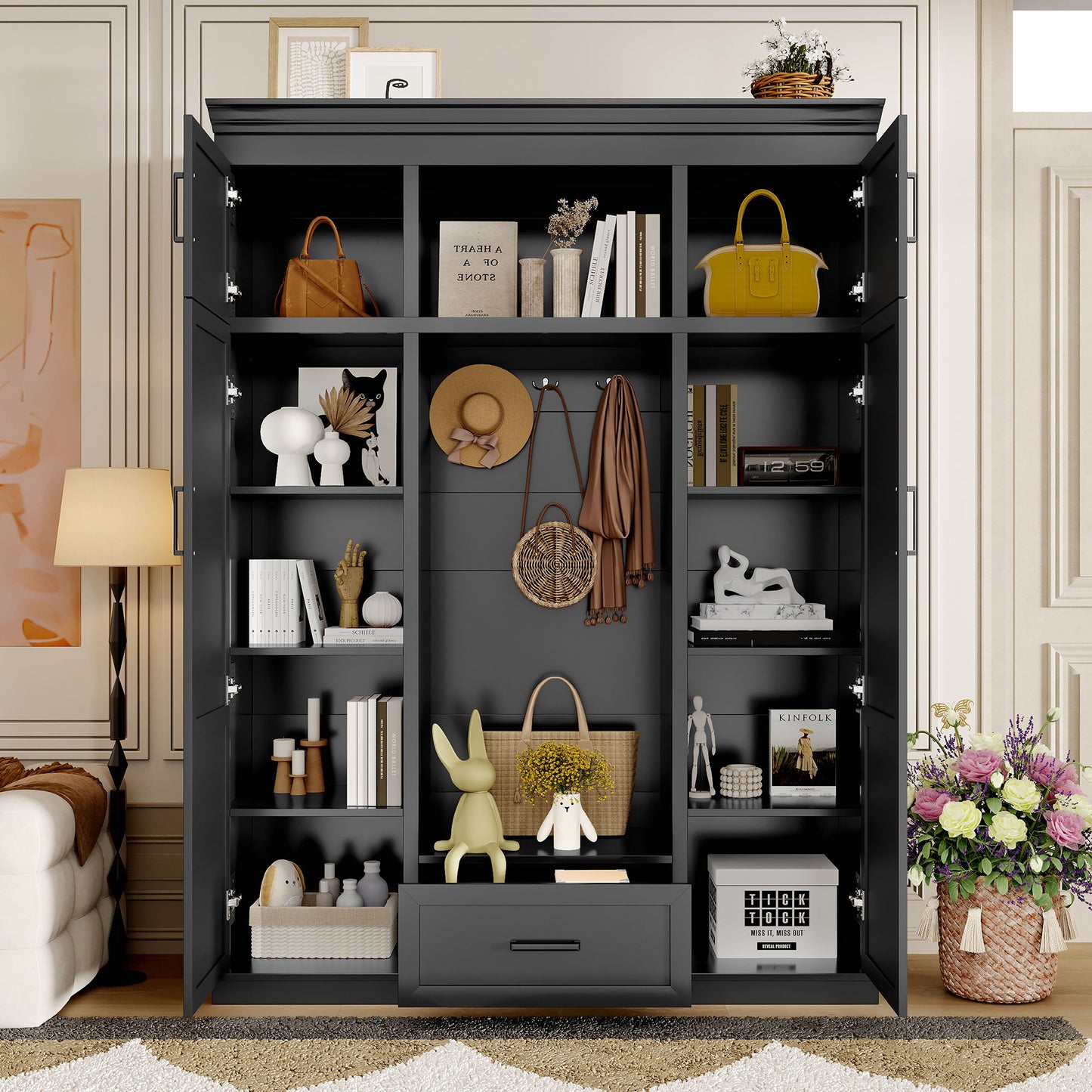 Hall Tree With Bench And 3 Hooks, Modern Entryway Storage Organizer Cabinet With 4 Doors, 1 Drawer And Adjustable Shelves Hearth and Haven