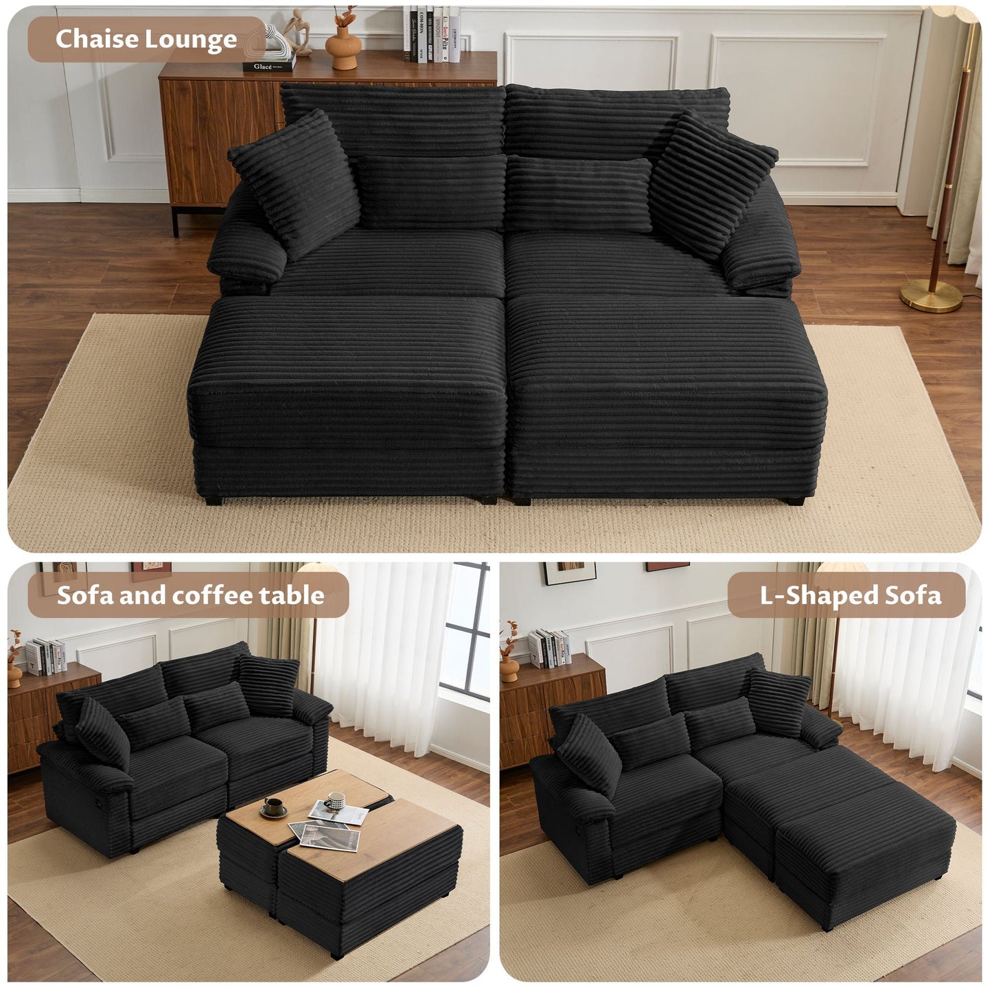 Double Chaise Lounge Set With Reversible Storage Ottomans, USB Port - Snoozhouse