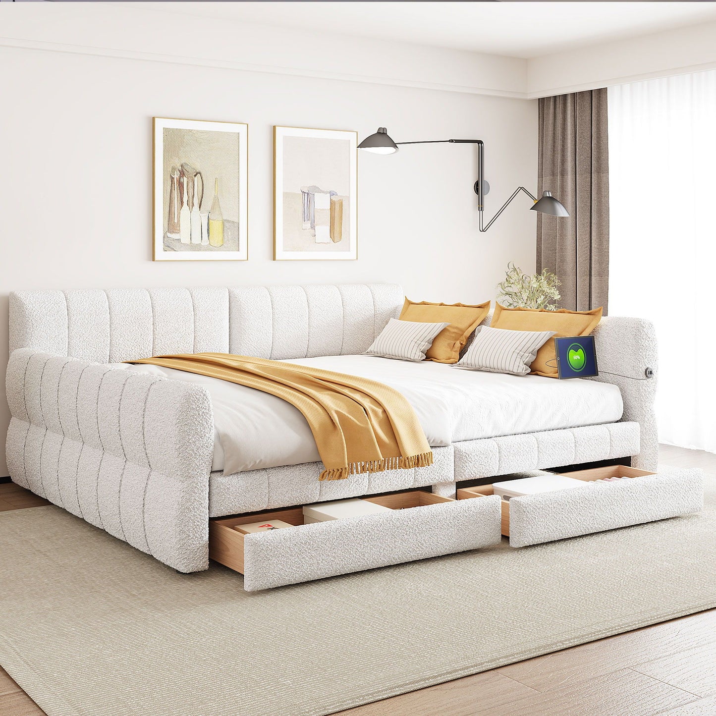 Upholstered Platform Bed With USB And 2 Drawers Dreamland