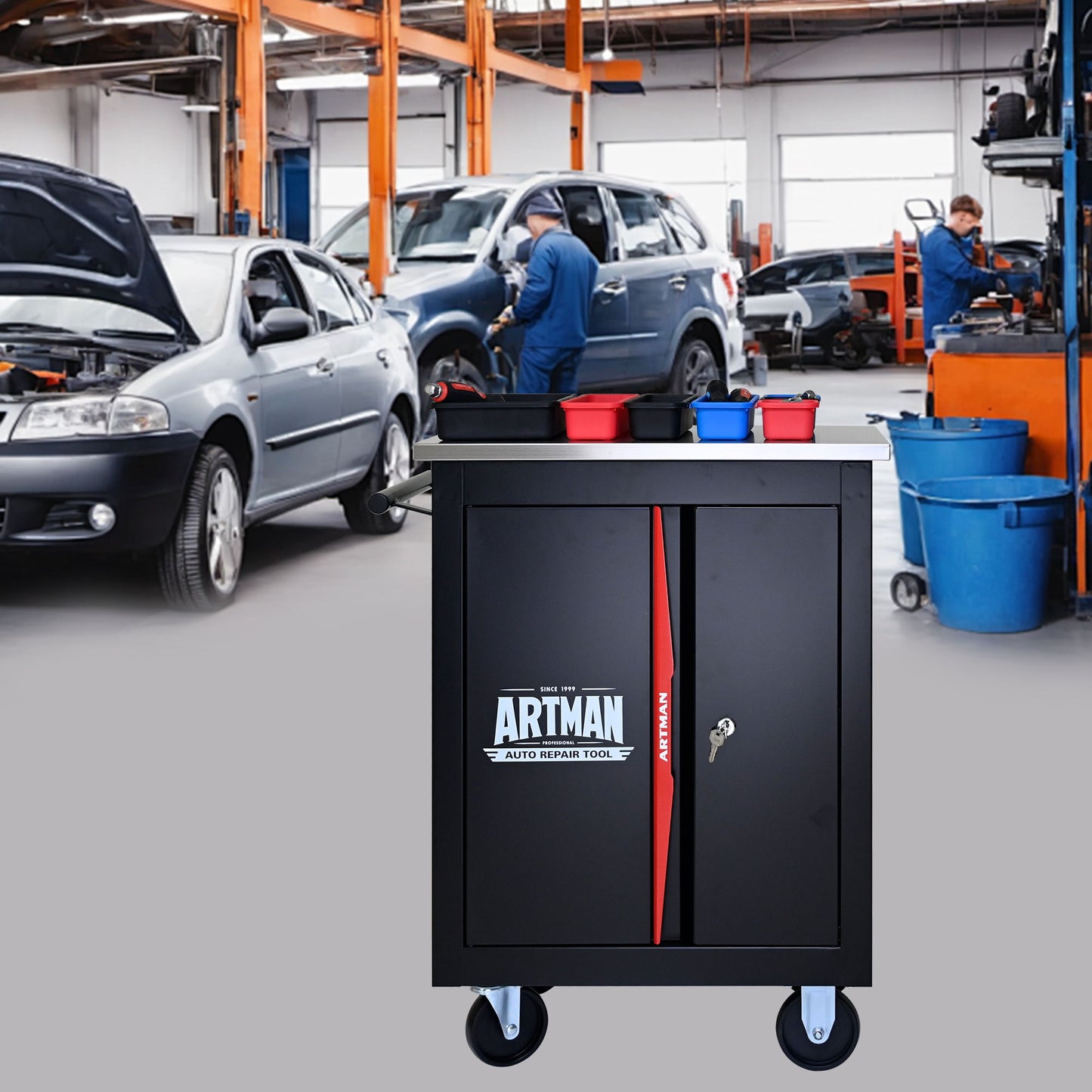 Double Door Clapboardl Multi Function Tool Cart - Black / Red Daily Nest
