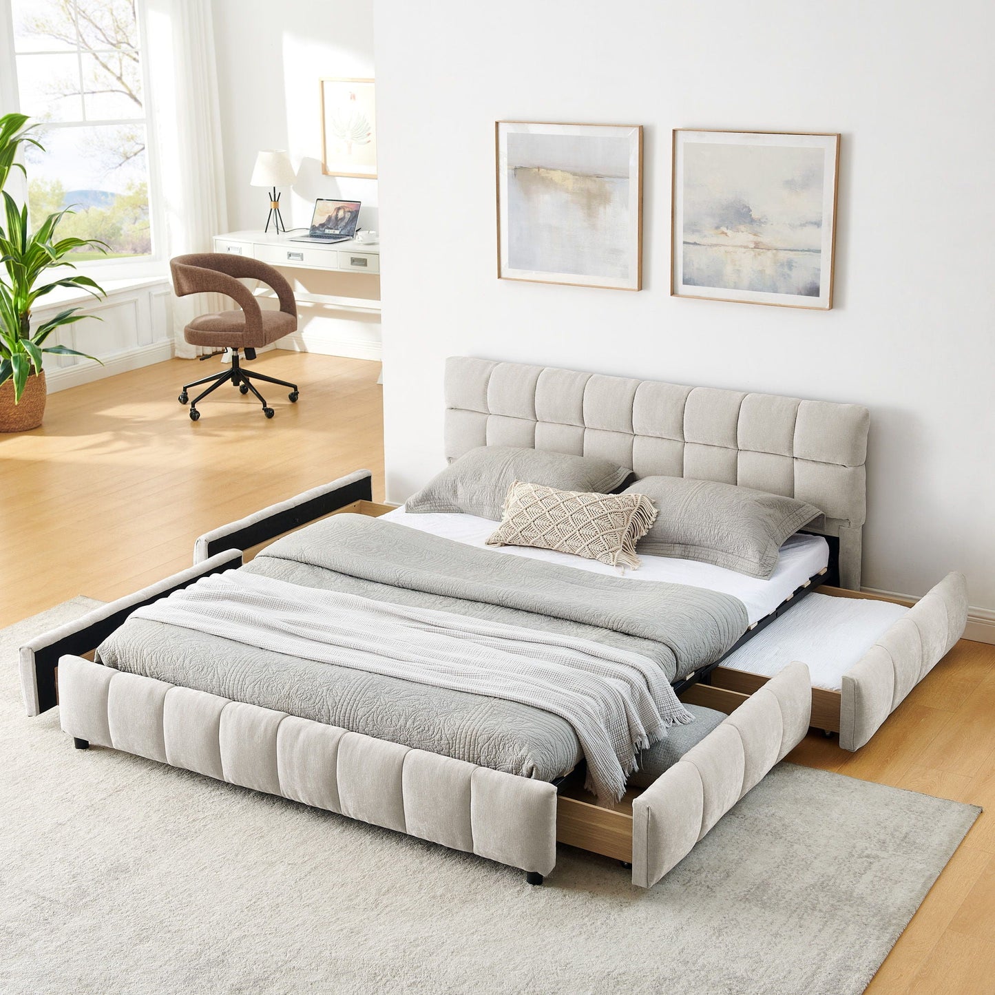 Modern Platform Bed Frame With Thick Chenille Fabric Home Essentials