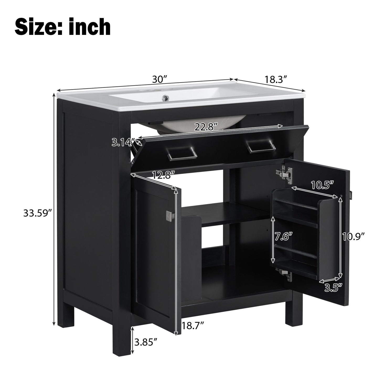 Bathroom Vanity With Ceramic Sink, Modern Single Bathroom Cabinet With 2 Doors And A Shelf, Soft Close Doors Hearth and Haven