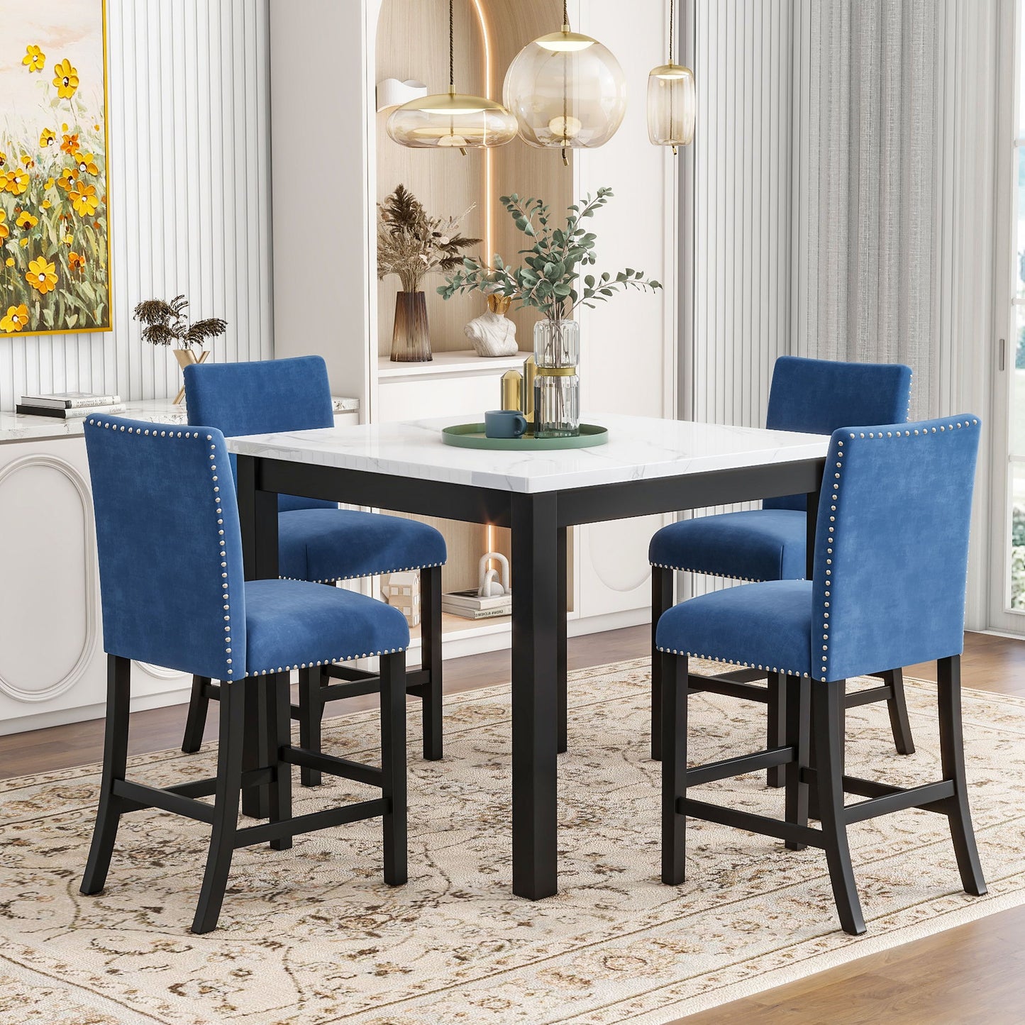 5-Piece Counter Height Dining Table Set With One Faux Marble Top Dining Table And Four Velvet Upholstered Chairs Home Essentials