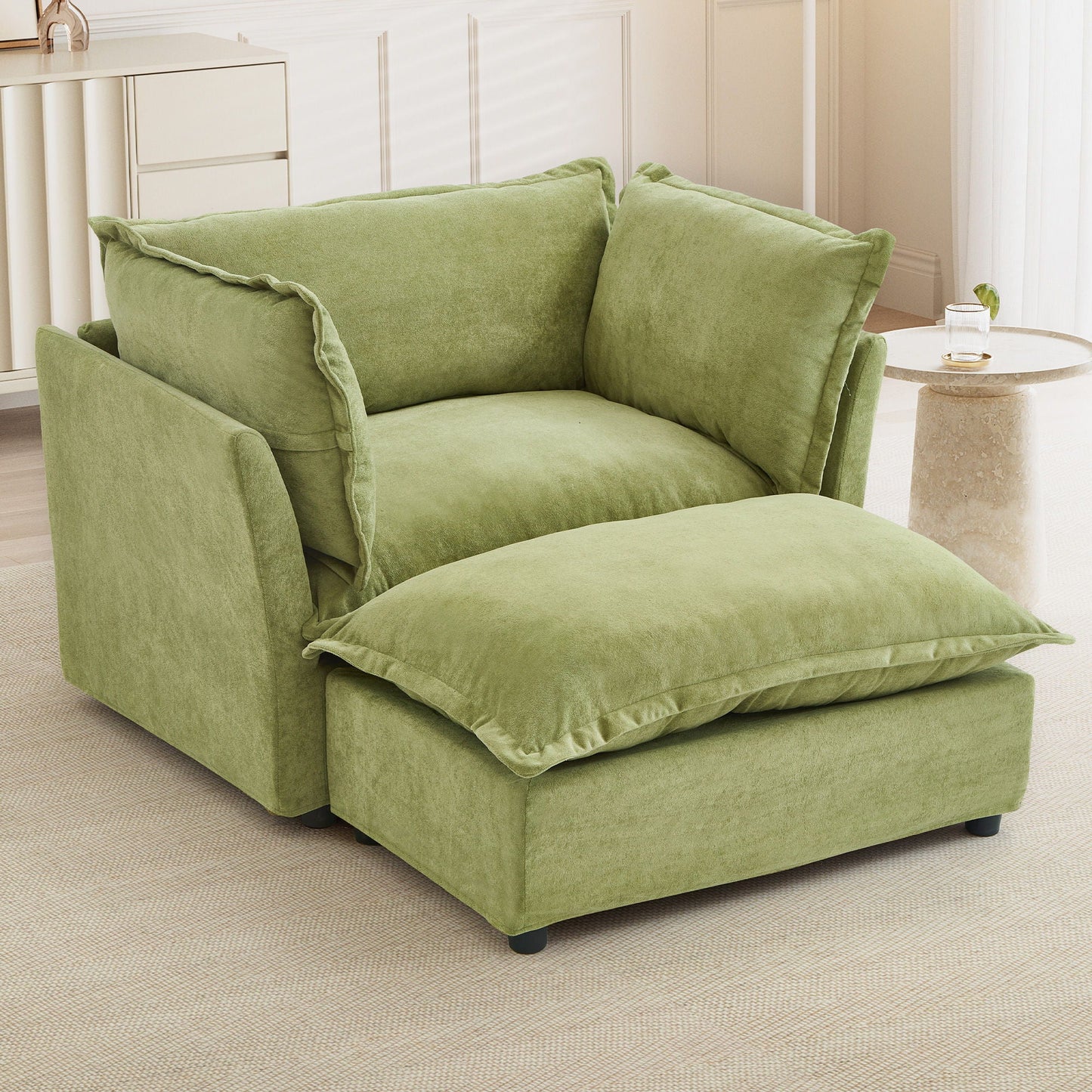 Modern Cozy Upholstered Armchair Sofa With Movable Ottoman Hearth and Haven