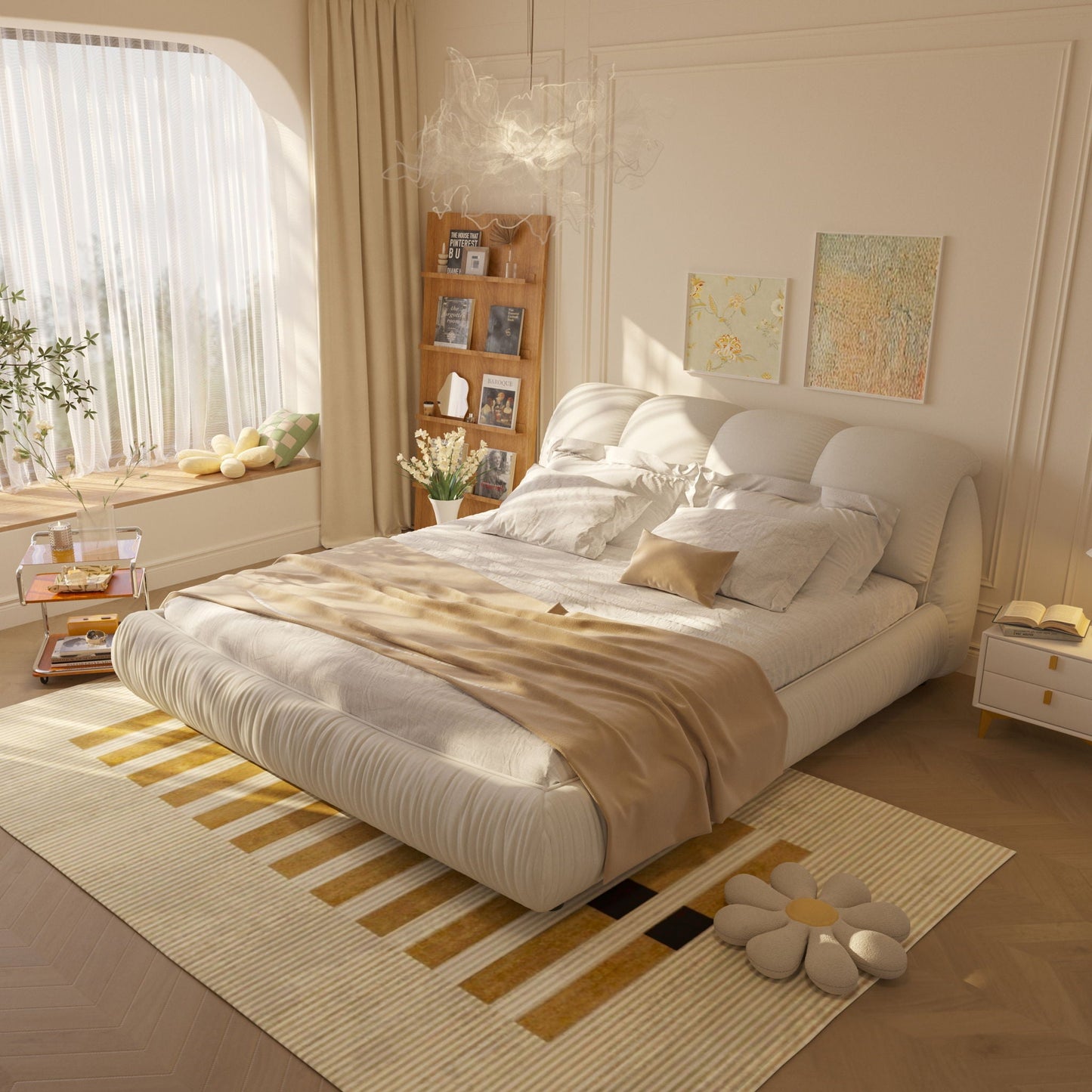 Luxury Upholstered Platform Bed With Oversized Padded Backrest And Solid Wood Frame Home Essentials