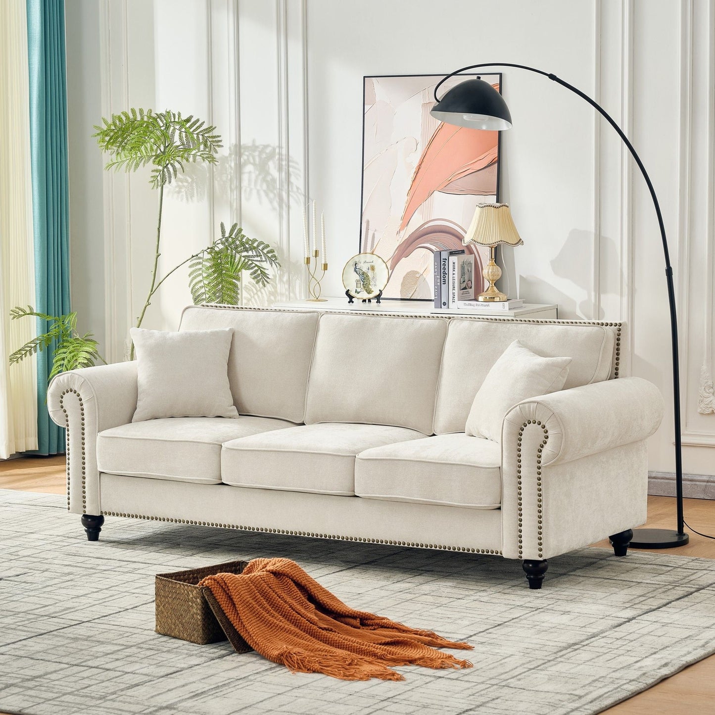 3 Seater Sofa With Tufted Upholstery, Rolled Arms, Nailhead Trim Home Essentials