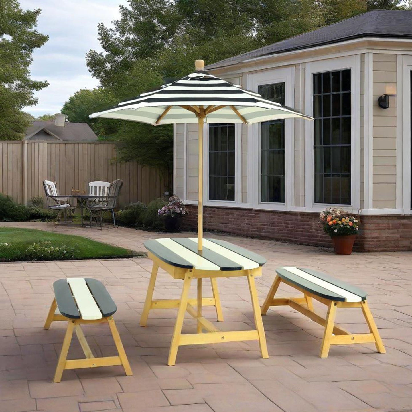 Naturally Playful Kids Picnic Table With Umbrella, Indoor / Outdoor Fun - Blue / White Stripes Home Essentials