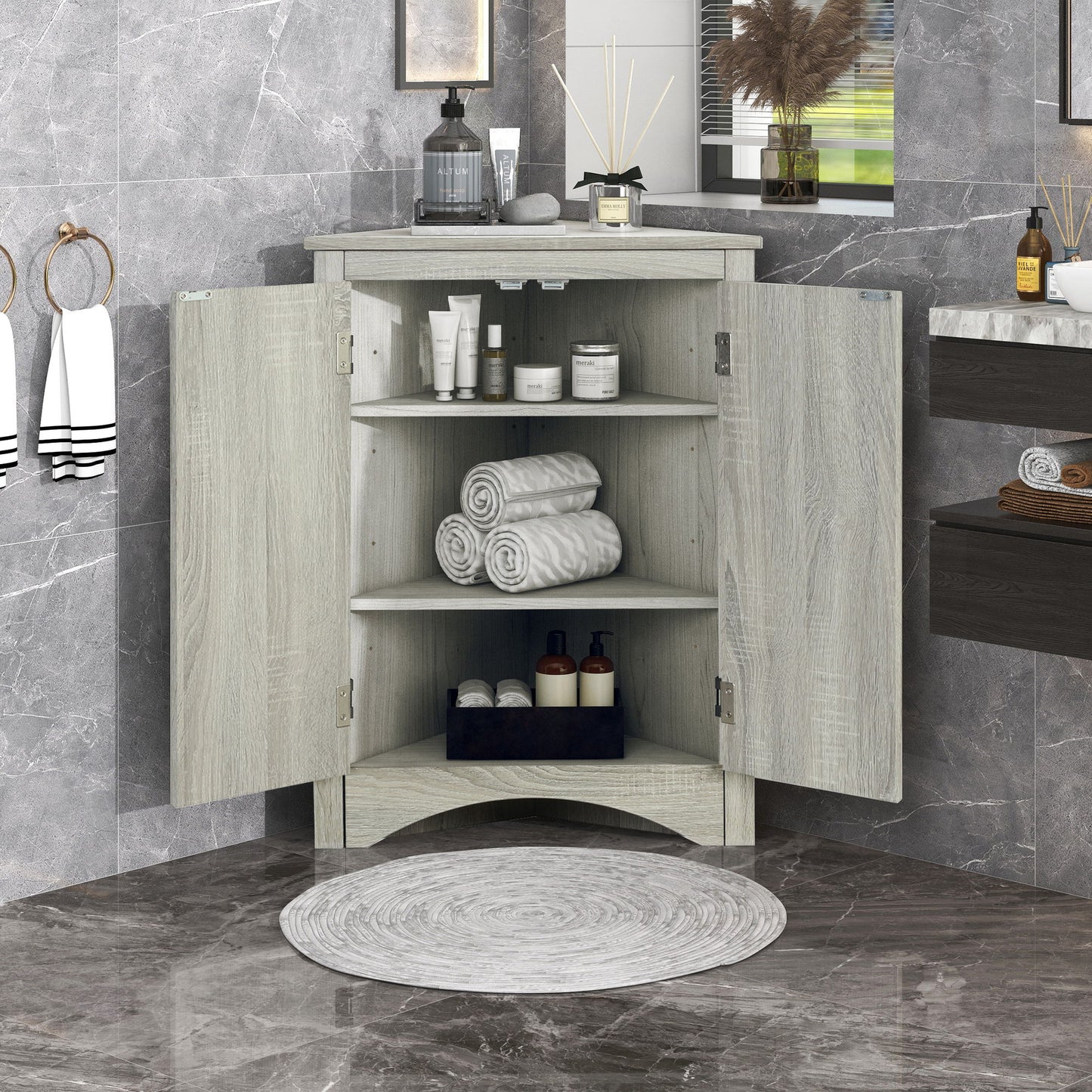Triangle Bathroom Storage Cabinet With Adjustable Shelves, Freestanding Floor Cabinet For Home Kitchen Hearth and Haven