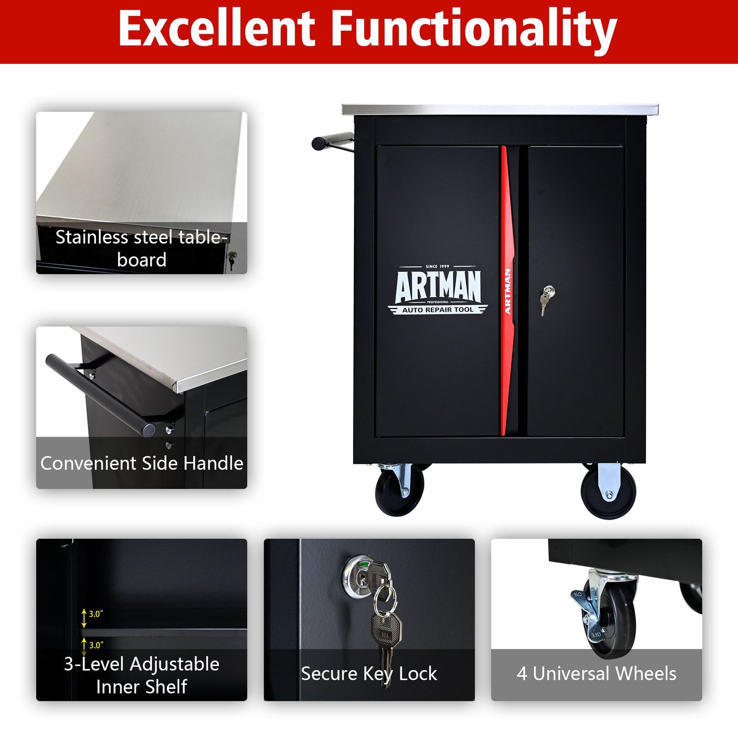 Double Door Clapboardl Multi Function Tool Cart - Black / Red Daily Nest
