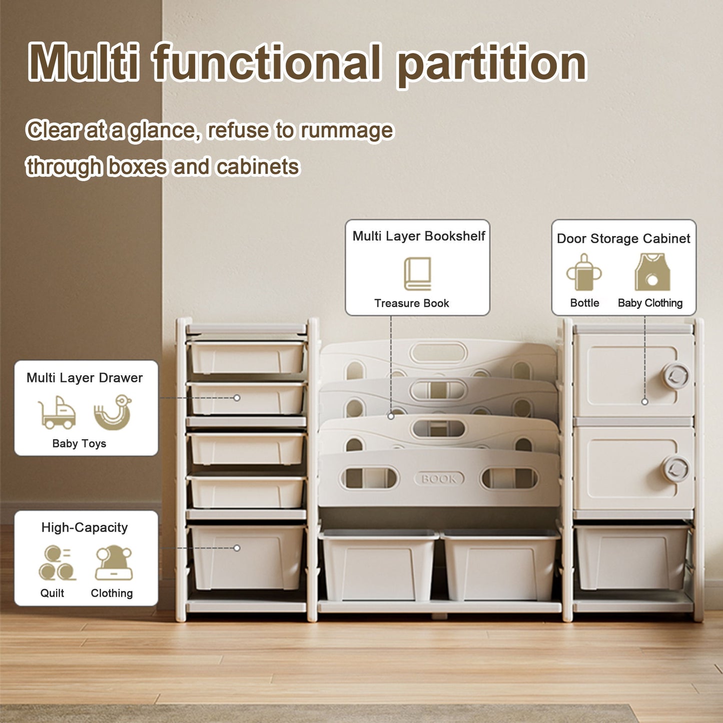 Kids Toy Storage Organizer With 8 Removable Toy Bins, 4 Tier Bookshelf, And 2 Cabinet Storage - Gray / Ivory Home Essentials
