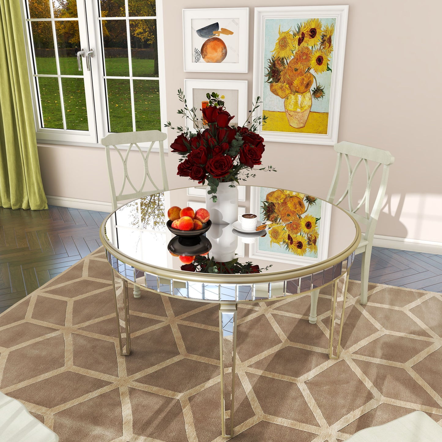 Round Glass Dining Table With Mirror Top - Silver Home Essentials