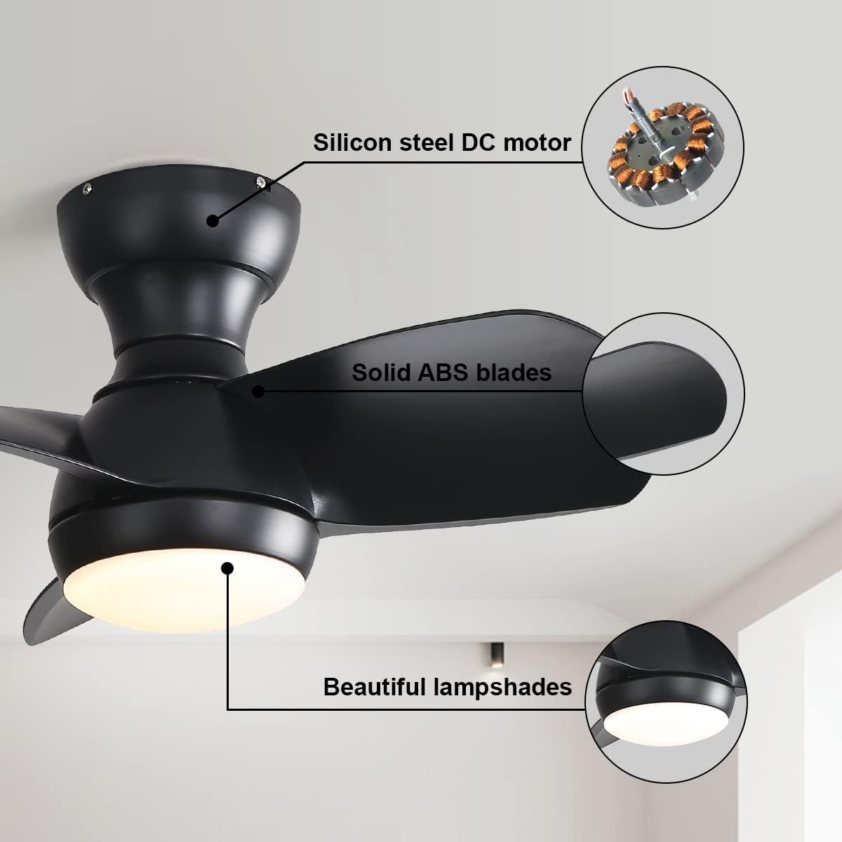 23" Bedroom Ceiling Fan With 3 Color Dimmable 3 ABS Blades Remote Control Dc Motor Black With 18W Led Light Daily Nest