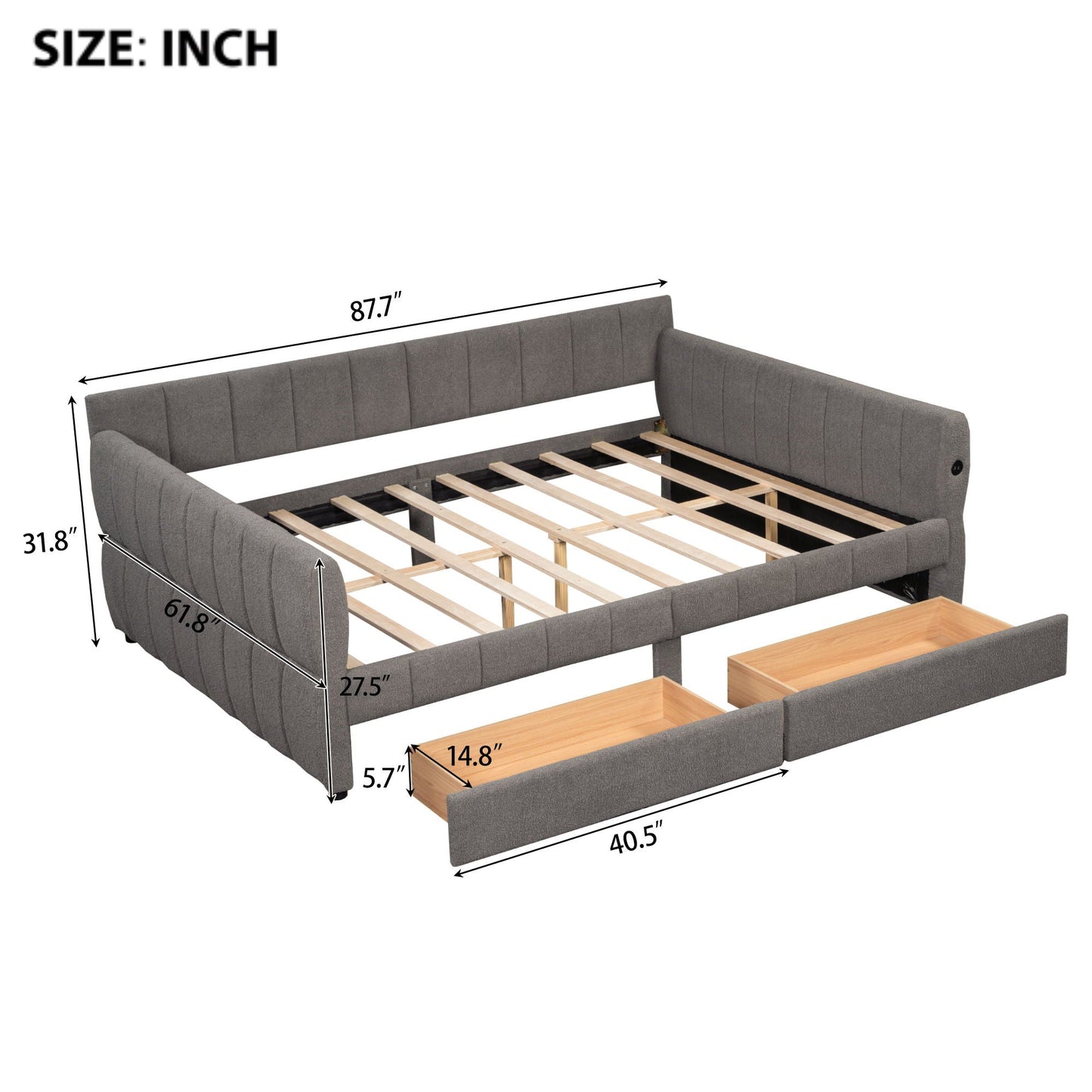 Upholstered Platform Bed With USB And 2 Drawers Dreamland