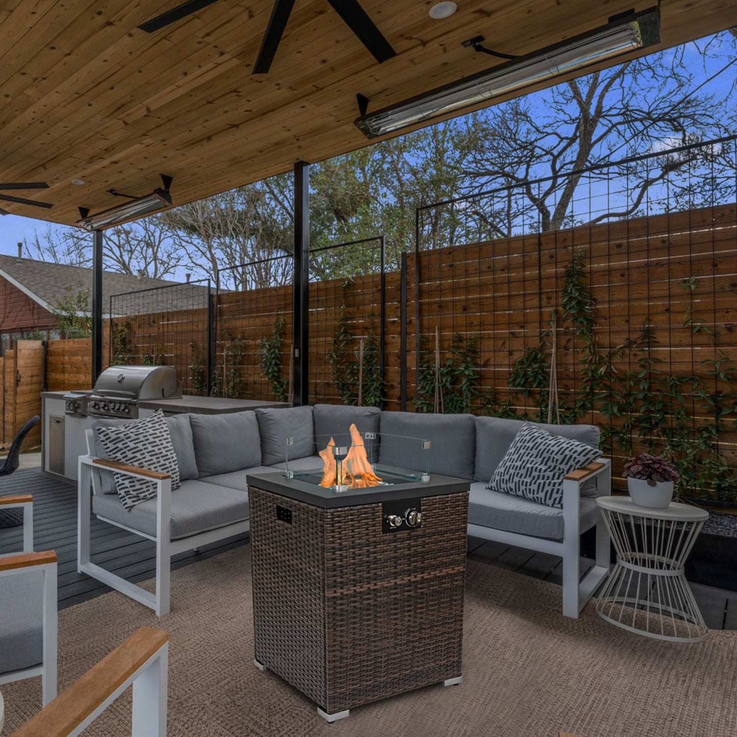 Propane Gas Square Fire Pit, Tile Tabletop With Beautiful Wicker Base For Outside Home Essentials