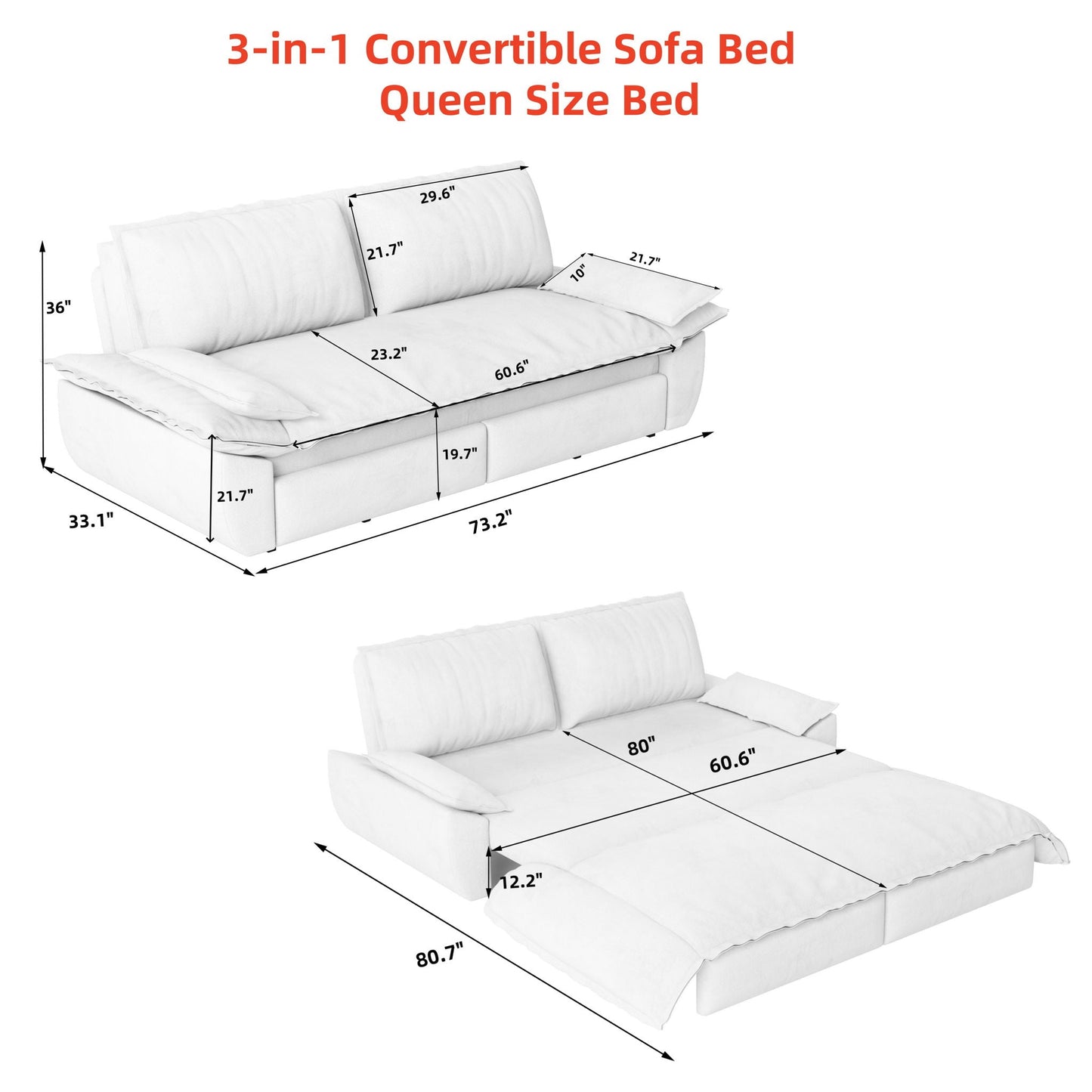 Queen Pull Out 3 In 1 Convertible Sleeper Sofa, Multi-Functional Home Essentials