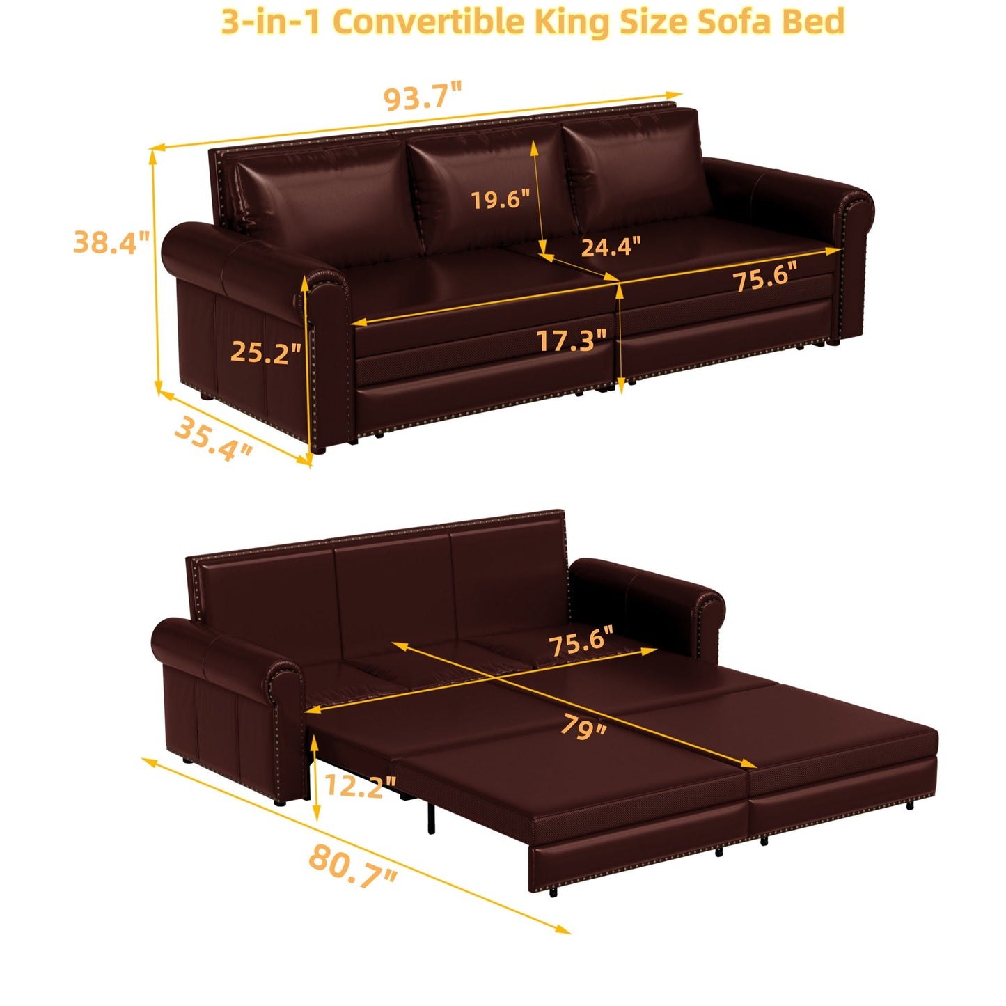 3 In 1 Convertible Sleeper Sofa With Nailhead Trim & Rolled Arm Home Essentials