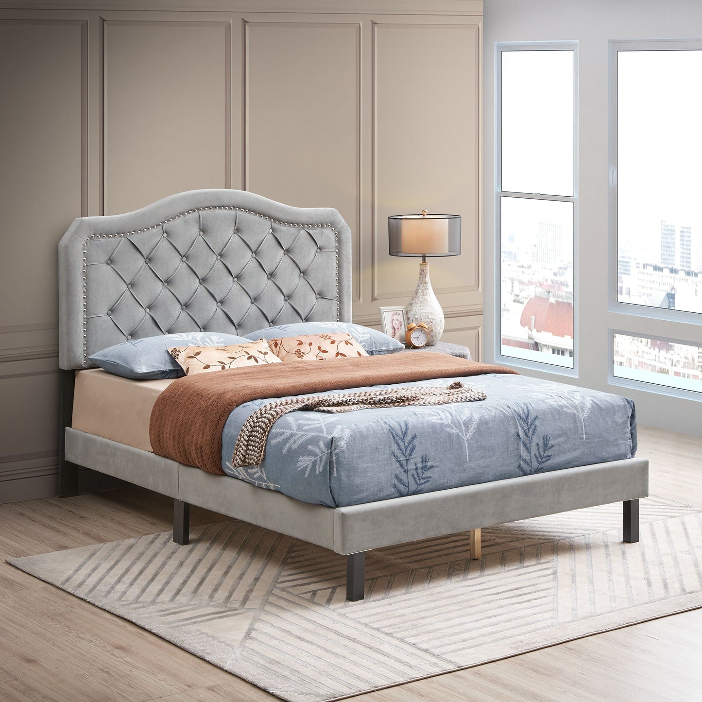 Queen Platform Upholstered Bed Button Tufted With Curve Design, Strong Wood Slat Support - Gray Home Essentials