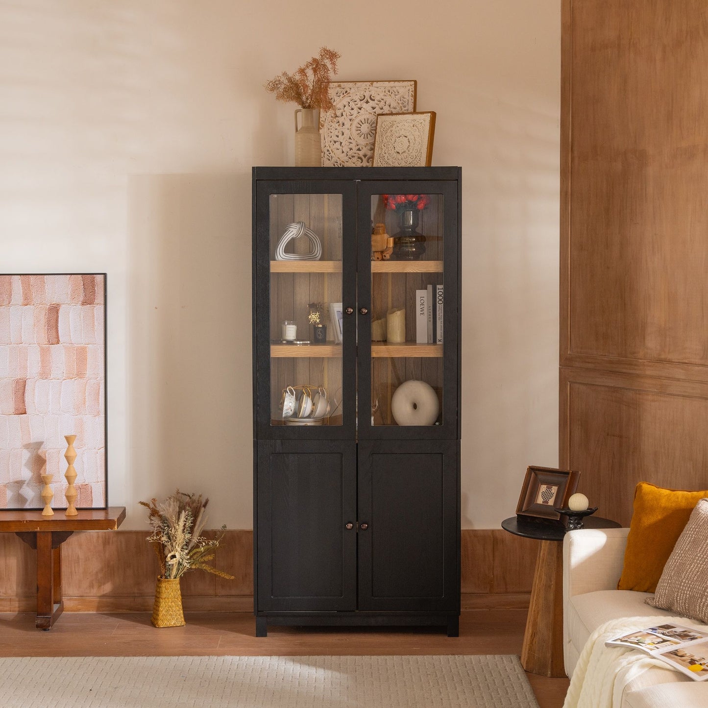Mid Century Modern Style Tall Display Cabinet With Glass Doors For Collectibles - Black Hearth and Haven