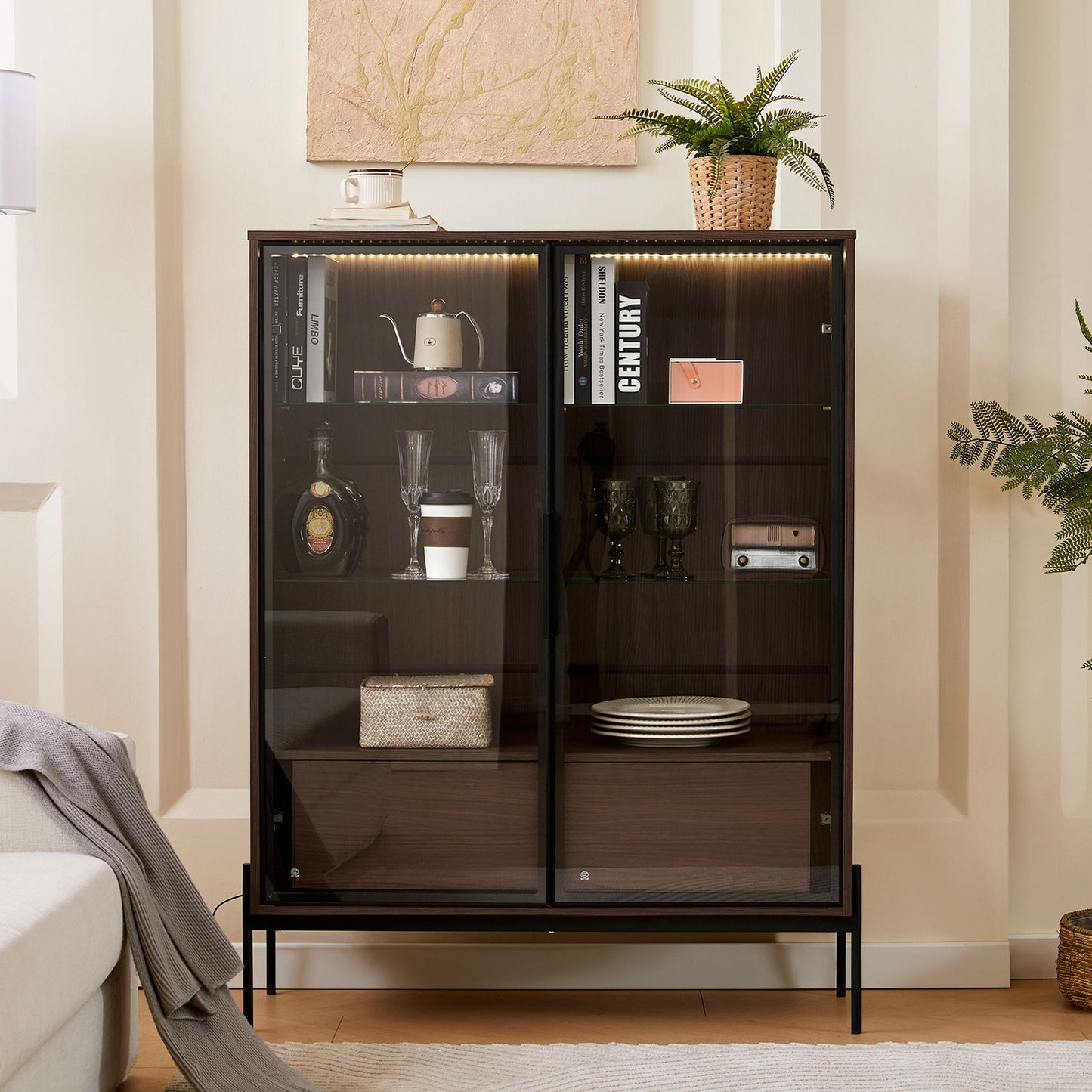 Modern Minimalist Style LED Curio Cabinet With Tempered Glass Door, Metal Legs Hearth and Haven