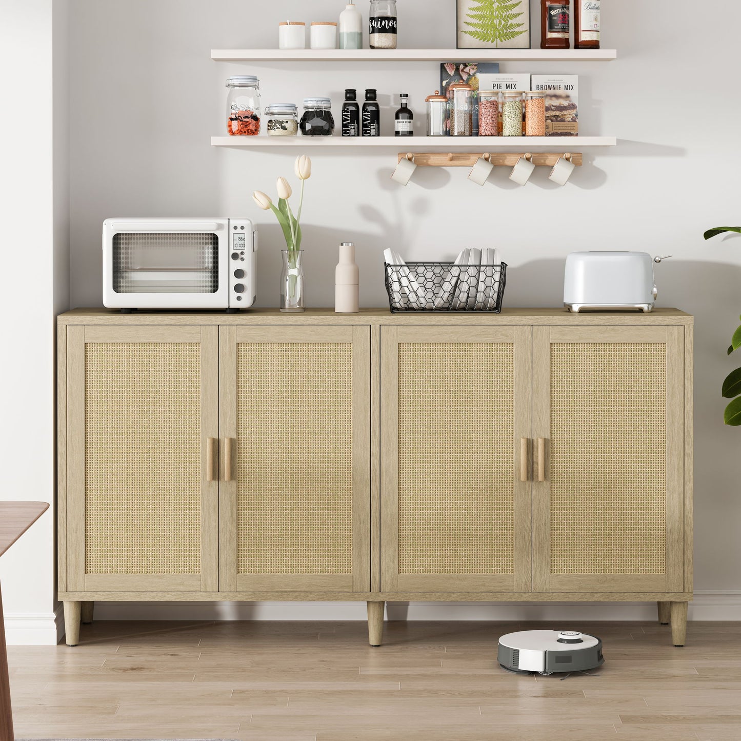 Rattan Buffet Cabinet With Storage, 4 Door Sideboard, Adjustable Shelves - Natural Home Essentials