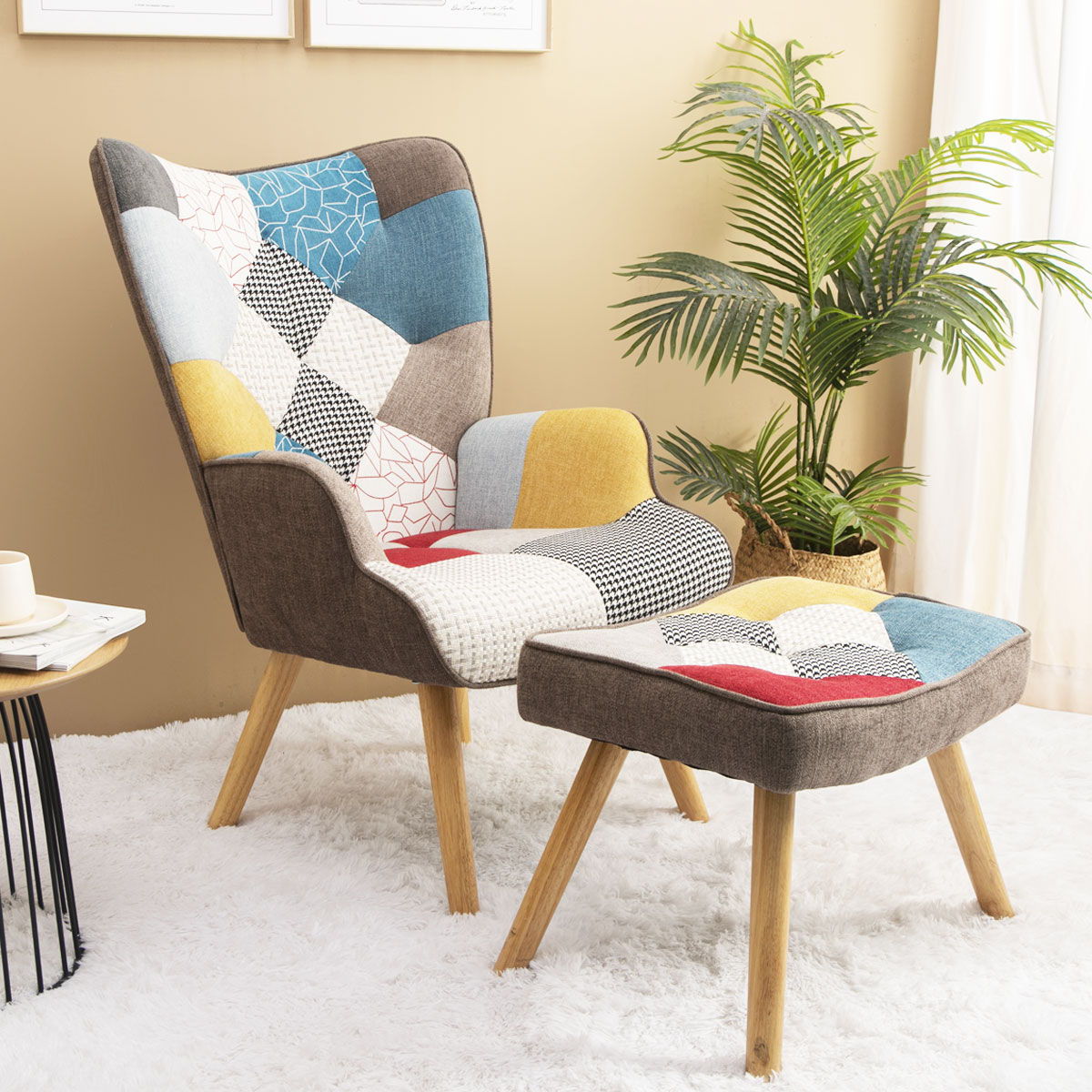 Accent Chair With Ottoman, Living Room Chair And Ottoman Set, Comfy Side Armchair For Bedroom, Creative Splicing Cloth Surface - Colorful Home Essentials