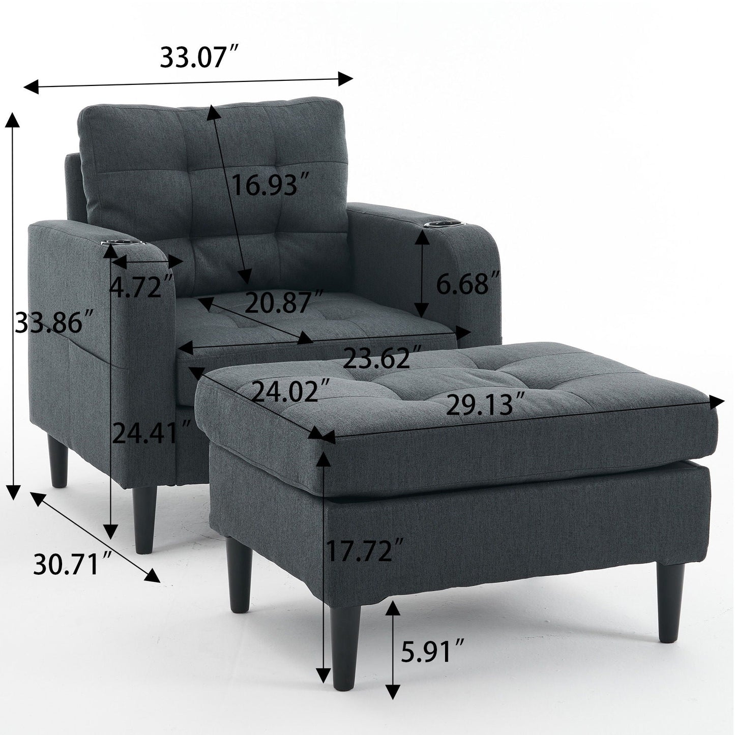 Upholstered Armchair And Storage Ottoman Set, Comfortable Single Sofa With Cup Holders And Tufted Detailing, Ideal For Living Room Or Bedroom Home Essentials