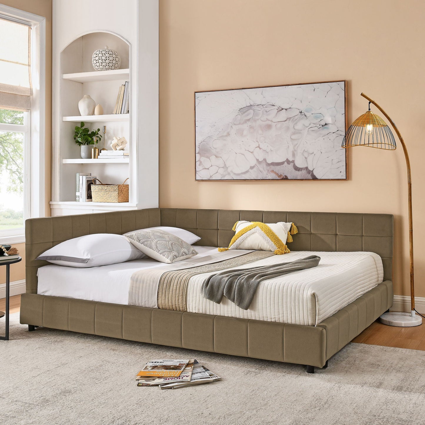 Mid-Century Storage Upholstered Tufted Bed Frame With Backrest And Armrests Home Essentials