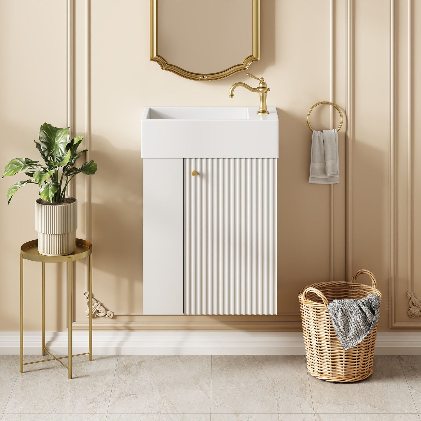 Floating Bathroom Vanity With Resin Basin, Left Side Storage - White Hearth and Haven