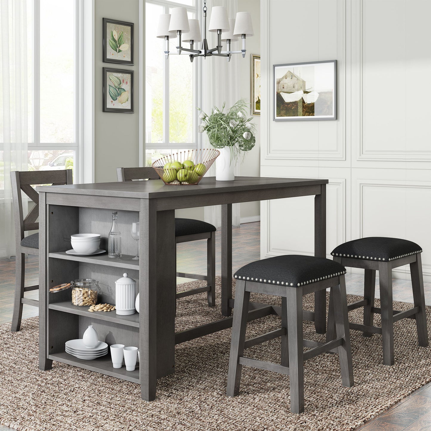 5 Pieces Counter Height Rustic Farmhouse Dining Room Wooden Bar Table Set With 2 Stools And 2 Chairs Hearth and Haven