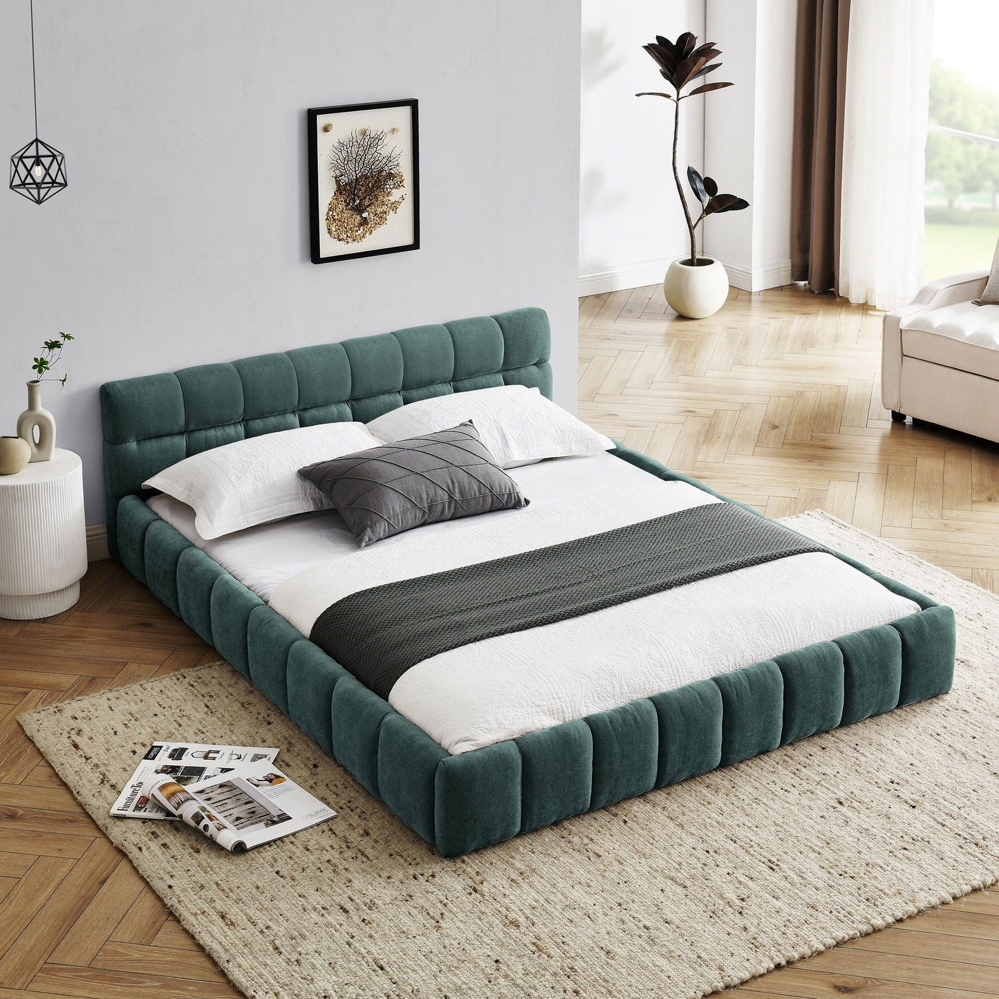 Modern Platform Bed Frame With Thick Chenille Fabric Home Essentials