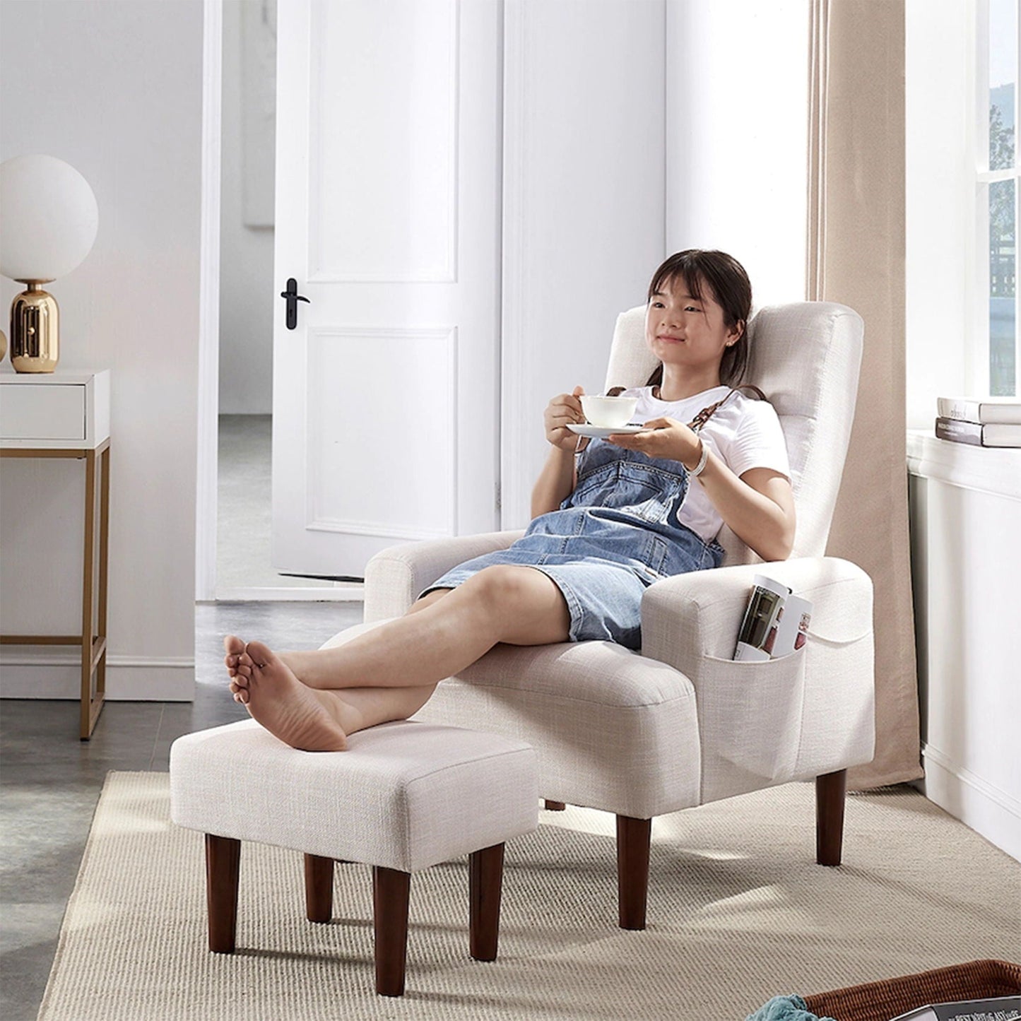 Living Room Sofa Single Chair And Ottoman, Modern Multi-Function Fabric Living Room Sofa Lounge Chair Bed And Stool. Soft Leisure Single Chair Adjustable Into 5 Angles With Sofa Bed Home Essentials