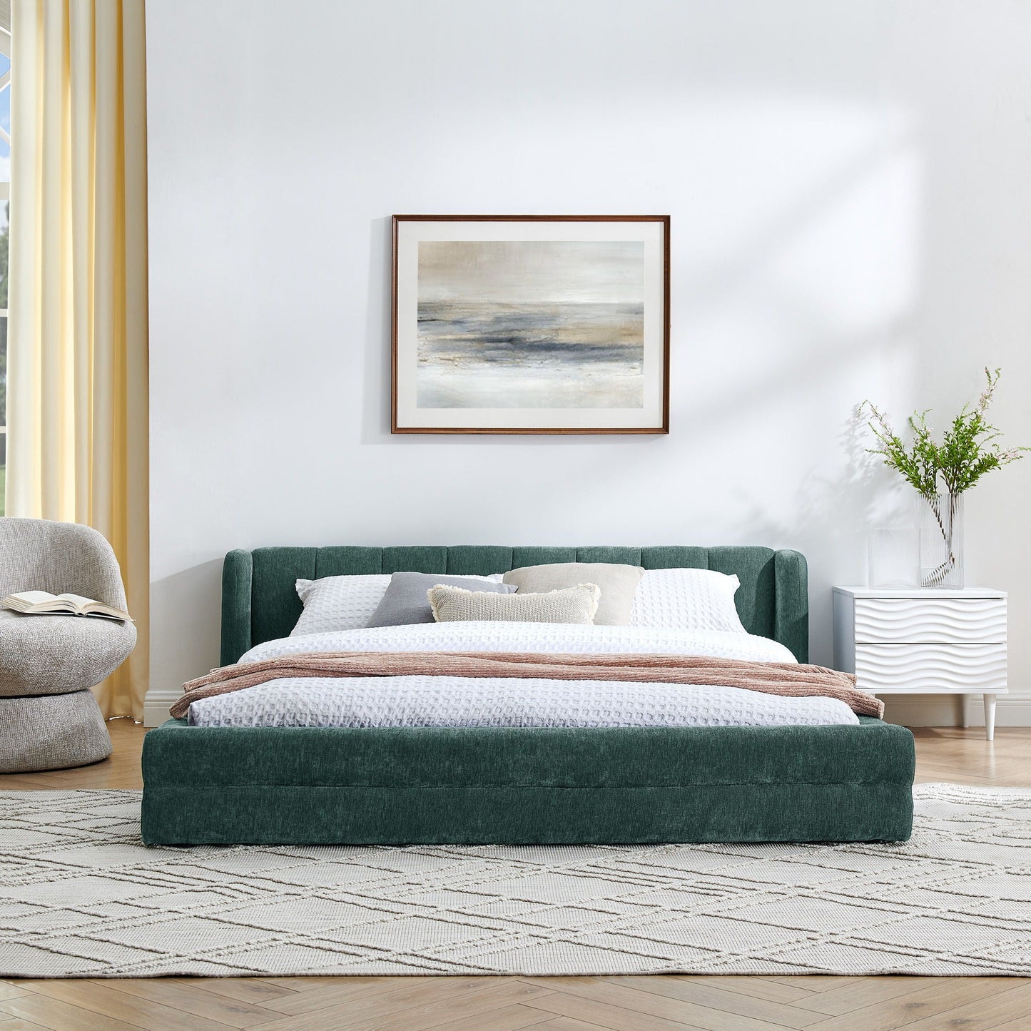 Modern Upholstered Bed Frame With Thick Chenille Fabric And Headboard Home Essentials