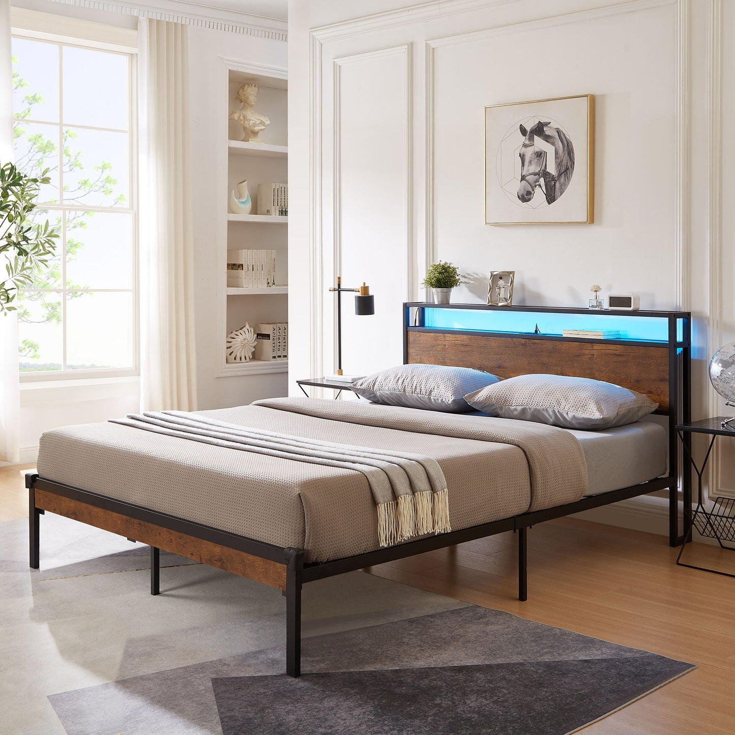 Metal Platform Bed Frame With Wooden Headboard And Footboard With USB Liner, LED Lights, No Box Spring Needed, Large Under Bed Storage Home Essentials