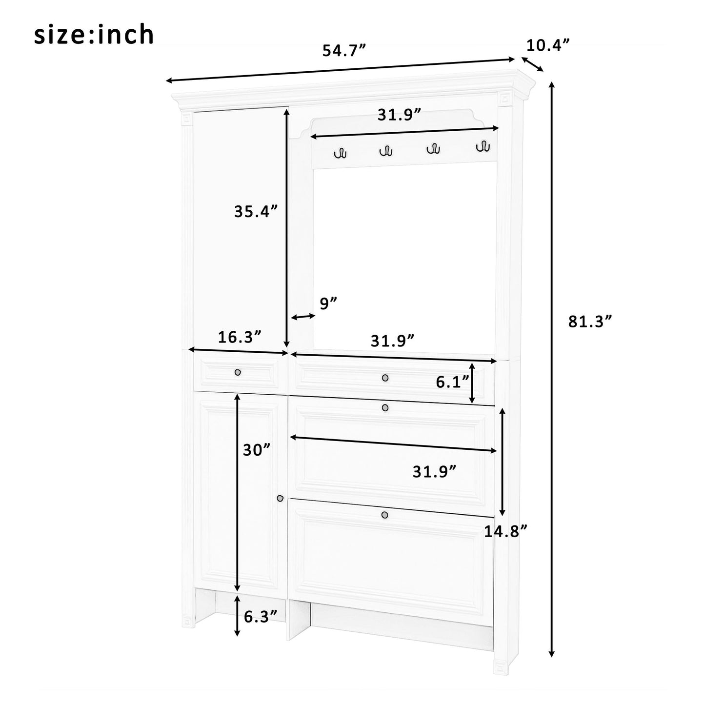 Hall Tree With Integrated Shoe Cabinet And Mirrored Cabinet Door, Coat Hanger, Entryway Bench, 4 In 1 Design, 2 Flip Drawers, 4 Hooks And 2 Cabinets For Entrance, Living Room - White Hearth and Haven