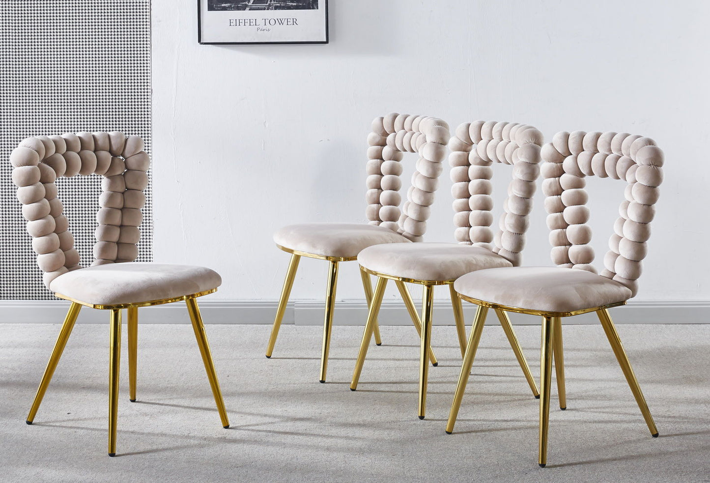 Modern Chair With Iron Tube Legs, Soft Cushions And Comfortable Backrest, Suitable For Dining Room, Living Room, Cafe, Hairball Back Home Essentials