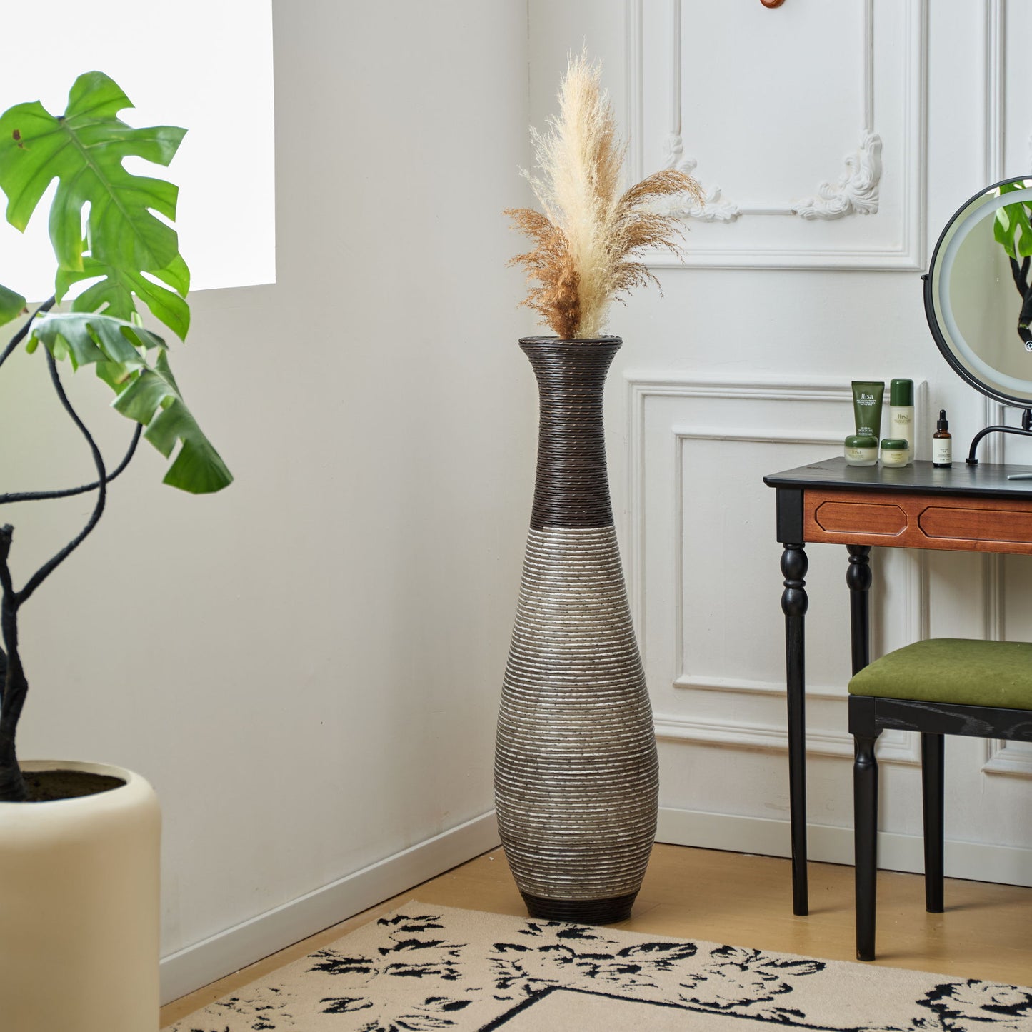 Tall Standing Designer Floor Vase Durable Artificial Rattan Elegant 2 Tone Finish Ideal Decor Accent For Living Room, Bedroom, Entryway Stylish Home Decor Statement Piece - Black / Gray Daily Nest