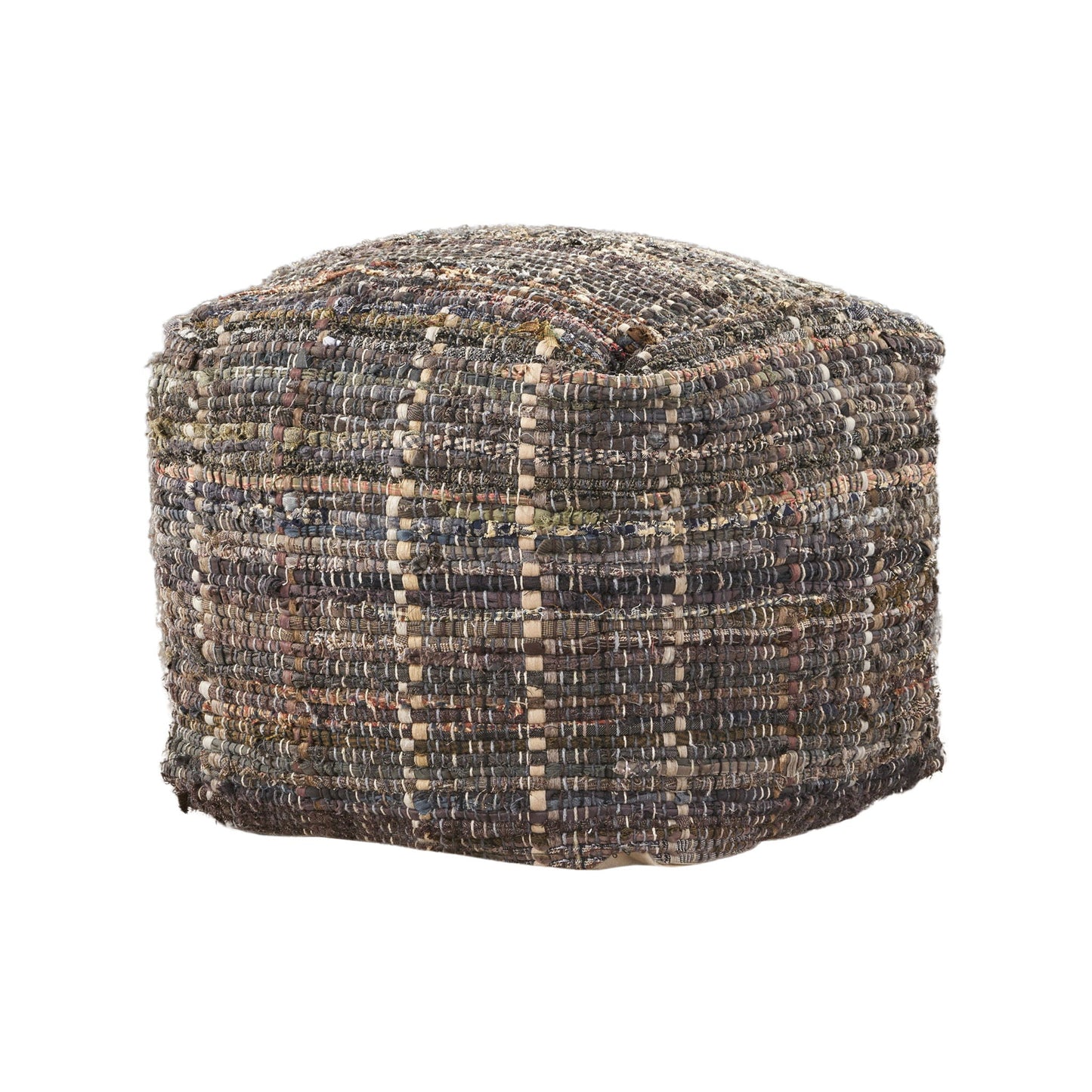 Koki - Handcrafted Fabric Pouf Recycled Denim And Paper Chindi - Khaki Home Essentials
